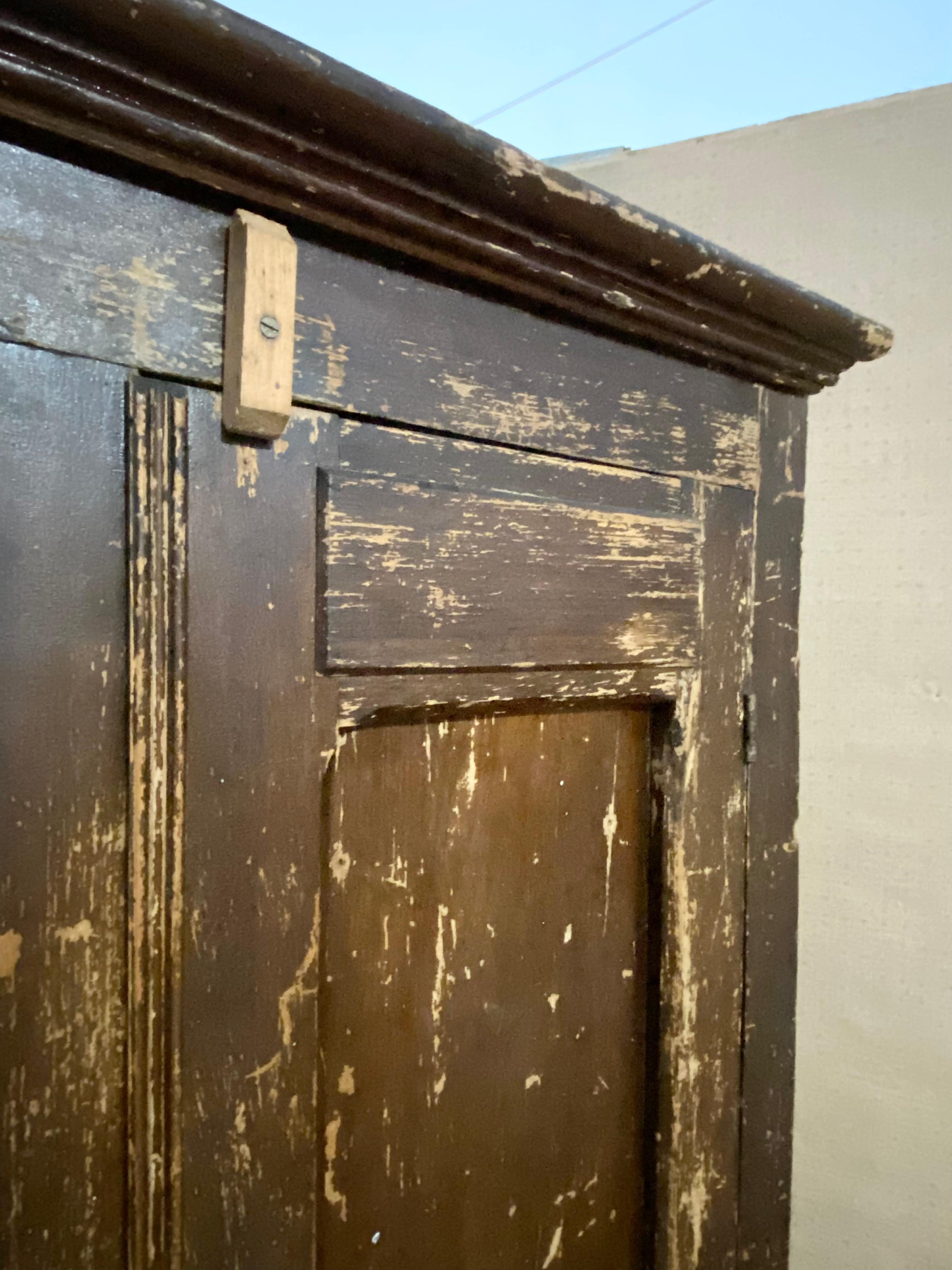 Americana 1940s Weathered Armoire with Pine Shelves + Clothing Bar For Sale 1