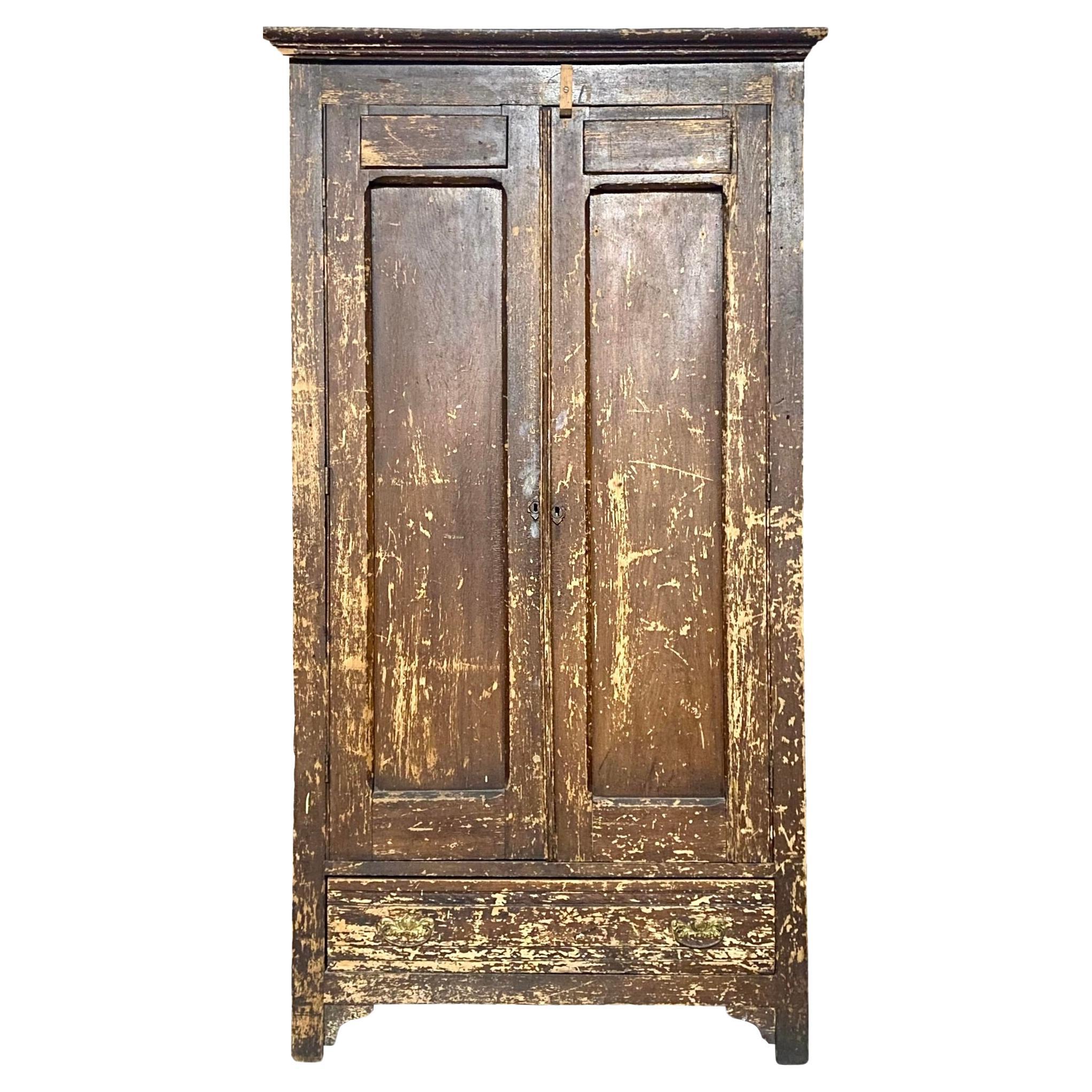 Americana 1940s Weathered Armoire with Pine Shelves + Clothing Bar For Sale