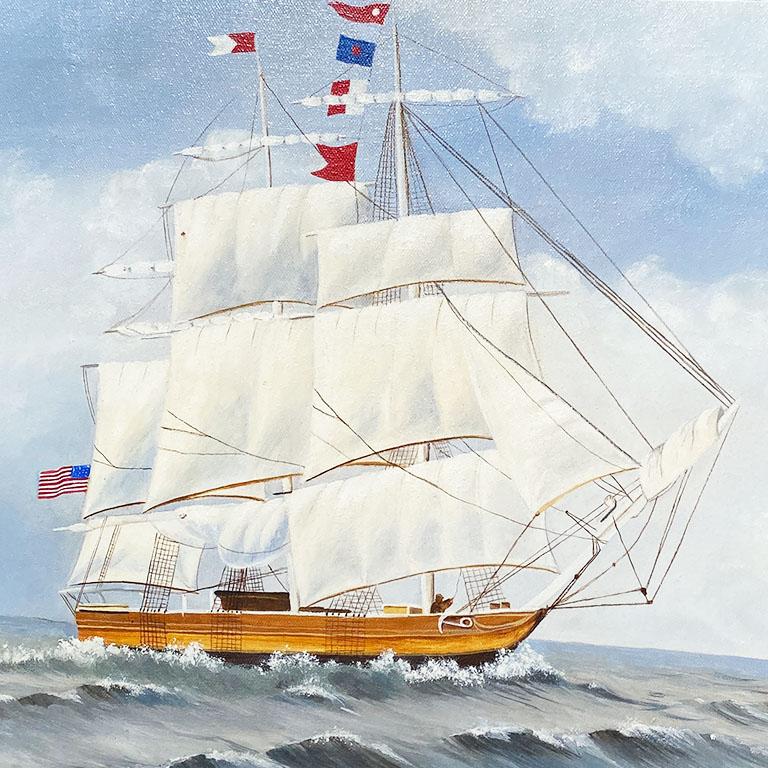 Canvas Americana Framed Nautical Maritime Ship Painting Signed