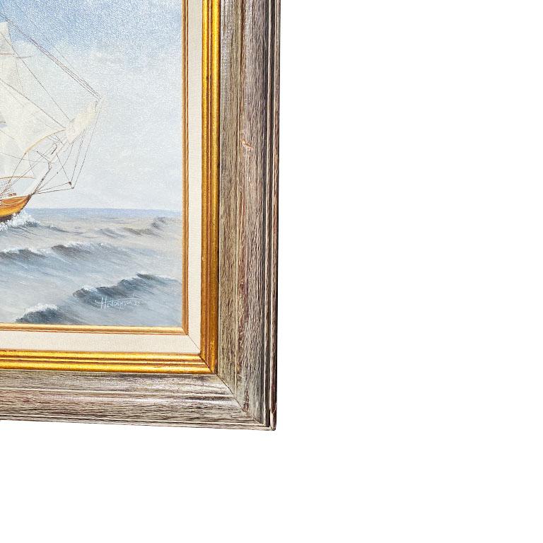 Americana Framed Nautical Maritime Ship Painting Signed 2
