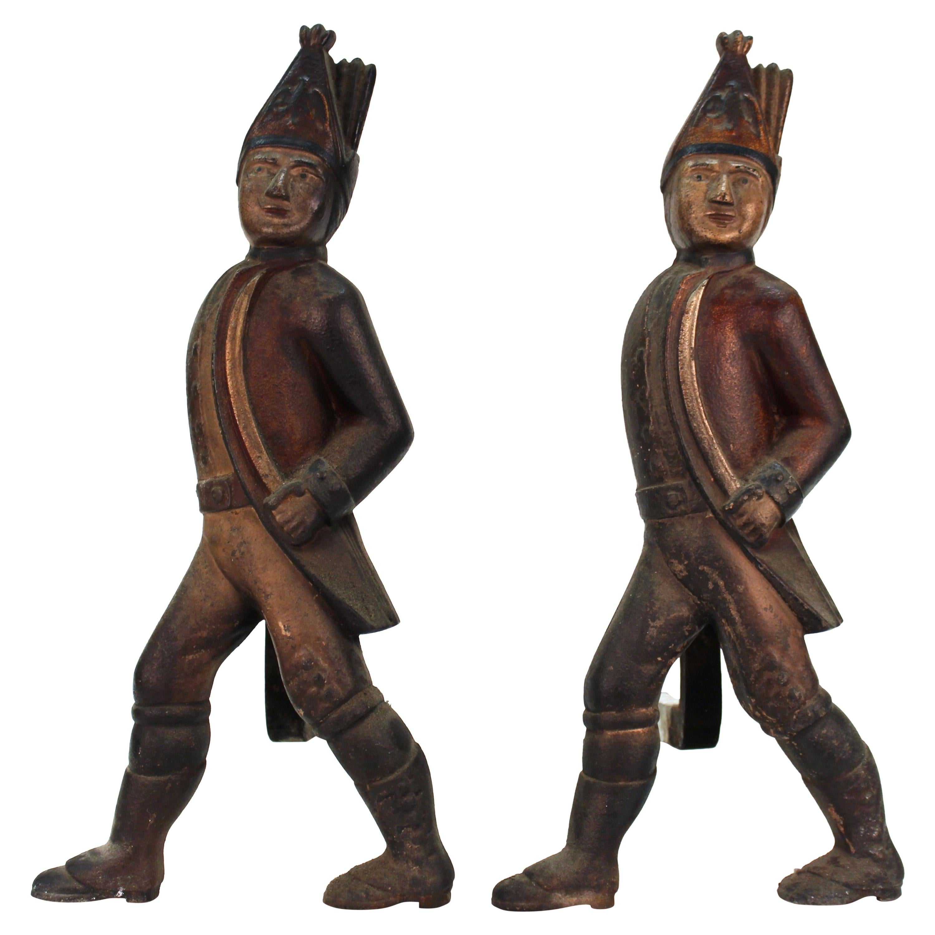 Americana Hessian Soldier Andirons in Painted Cast Iron