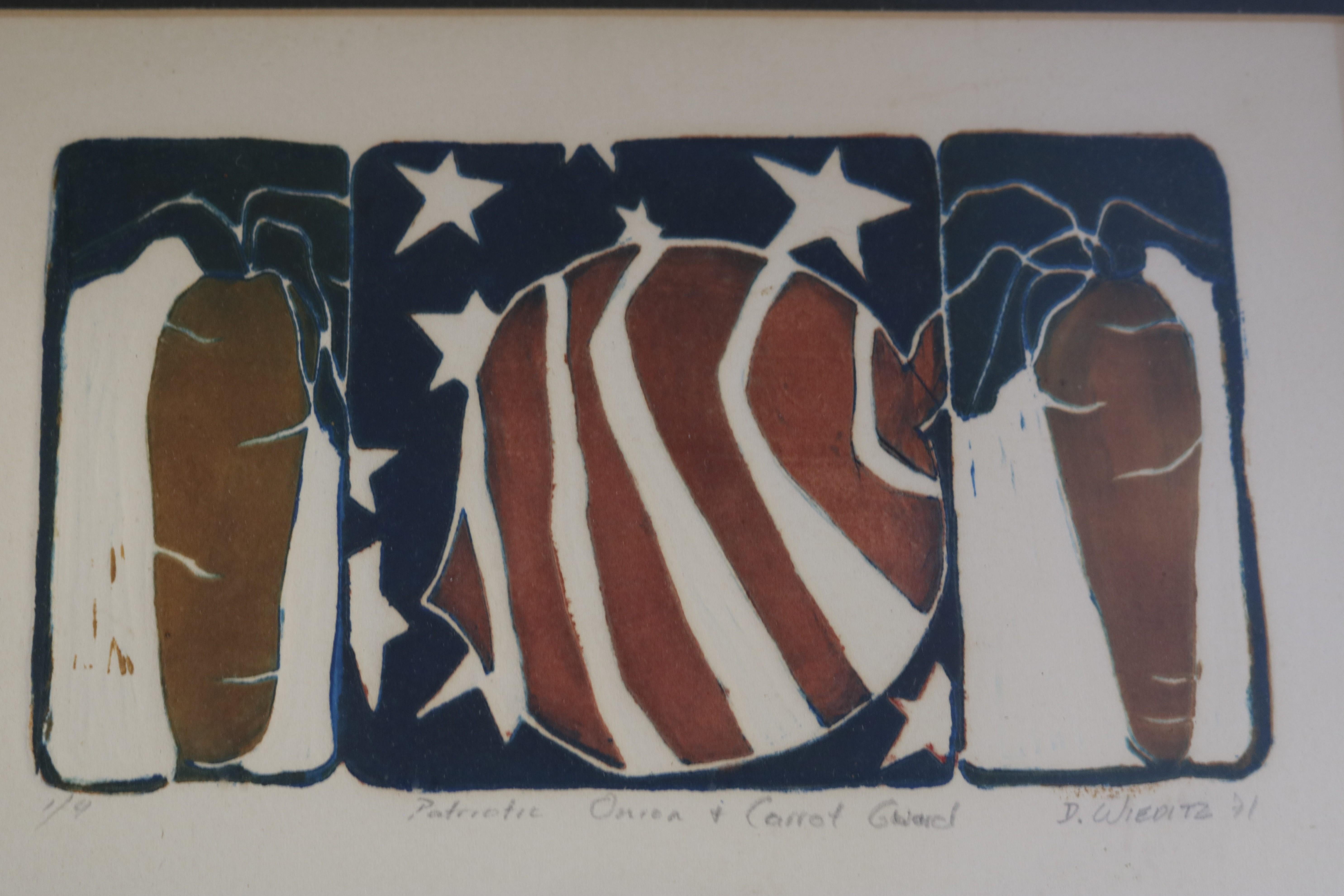 A lithograph seemingly in homage to Americana and American farm life fashioned with carrots and beets in patriotic colors.
Signed D. Wieditz, dated 1971 and numbered 1/9.
The lithograph retains its original framing and chrome frame.