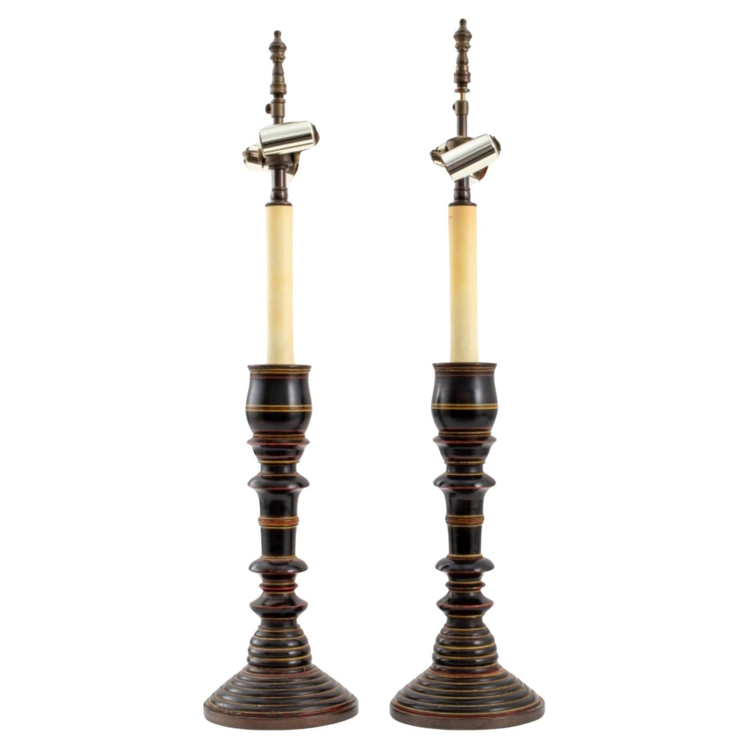 Americana Painted Turned Wood Table Lamps, Pair