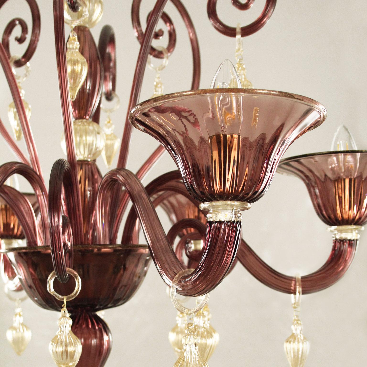 Other Italian Chandelier 6arms Amethyst gold Murano Glass with Lampshade by Multiforme For Sale