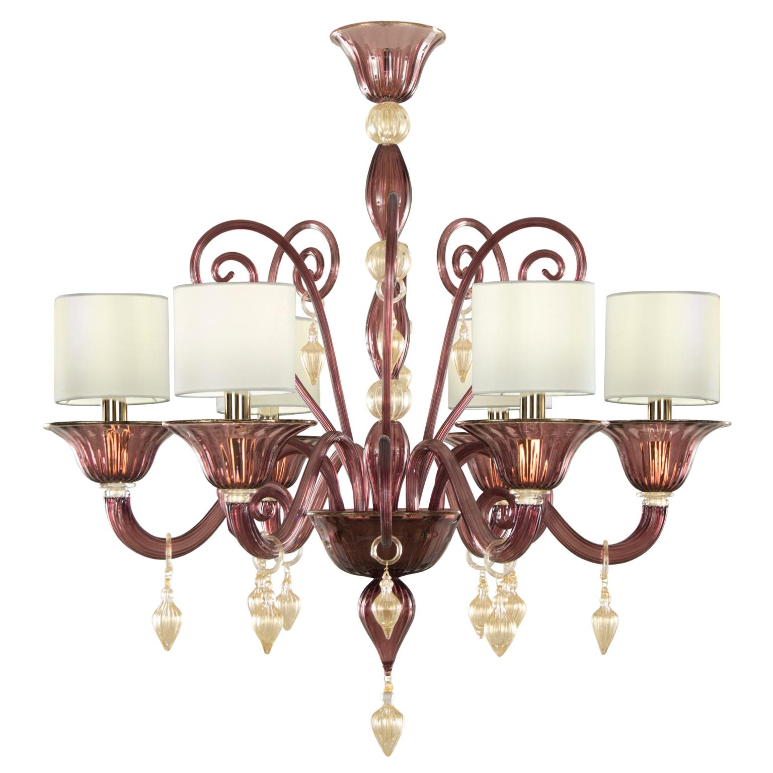 Italian Chandelier 6arms Amethyst gold Murano Glass with Lampshade by Multiforme In New Condition For Sale In Trebaseleghe, IT