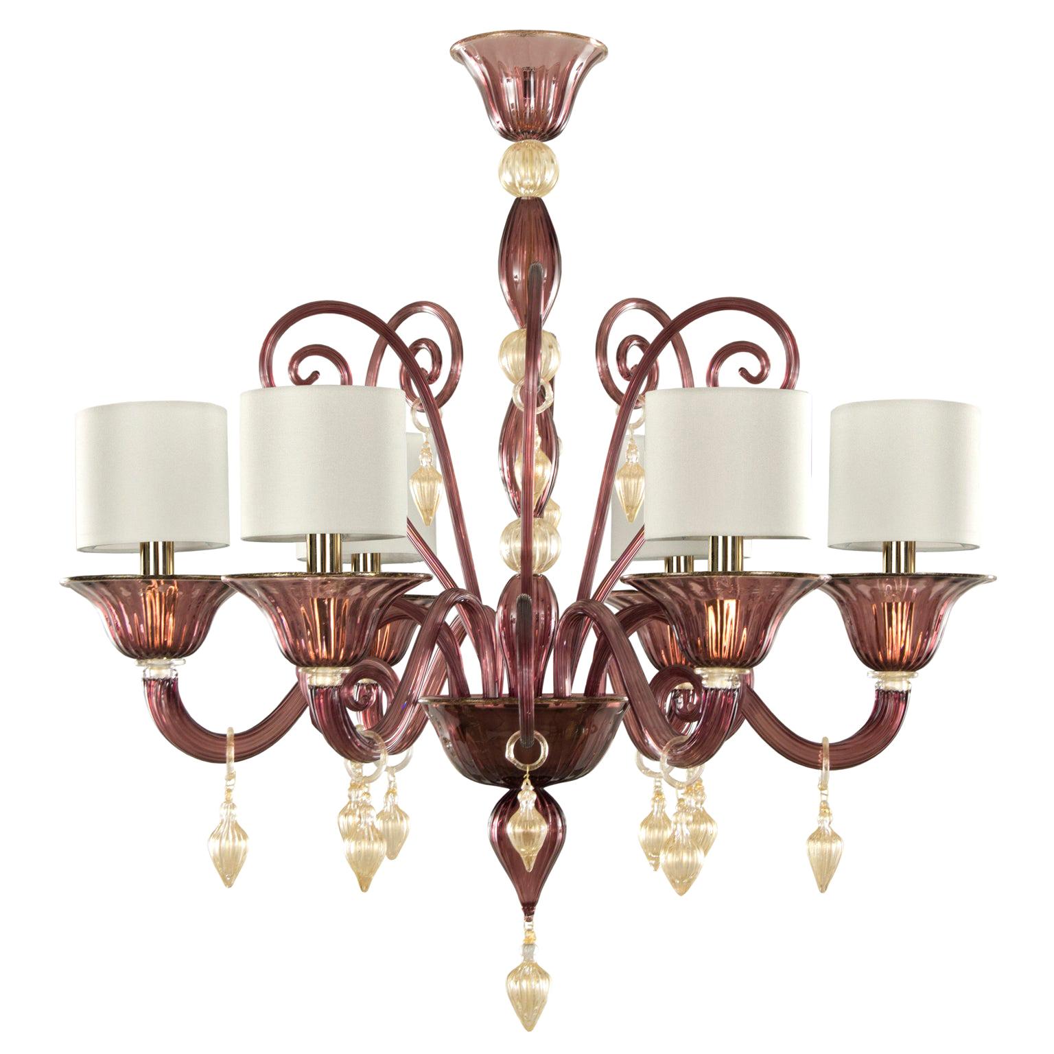 Italian Chandelier 6arms Amethyst gold Murano Glass with Lampshade by Multiforme For Sale
