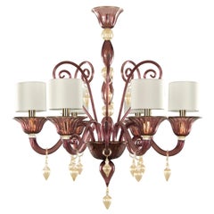 Lampadario italiano a 6 bracci in vetro di Murano color oro ametista con paralume di Multiforme