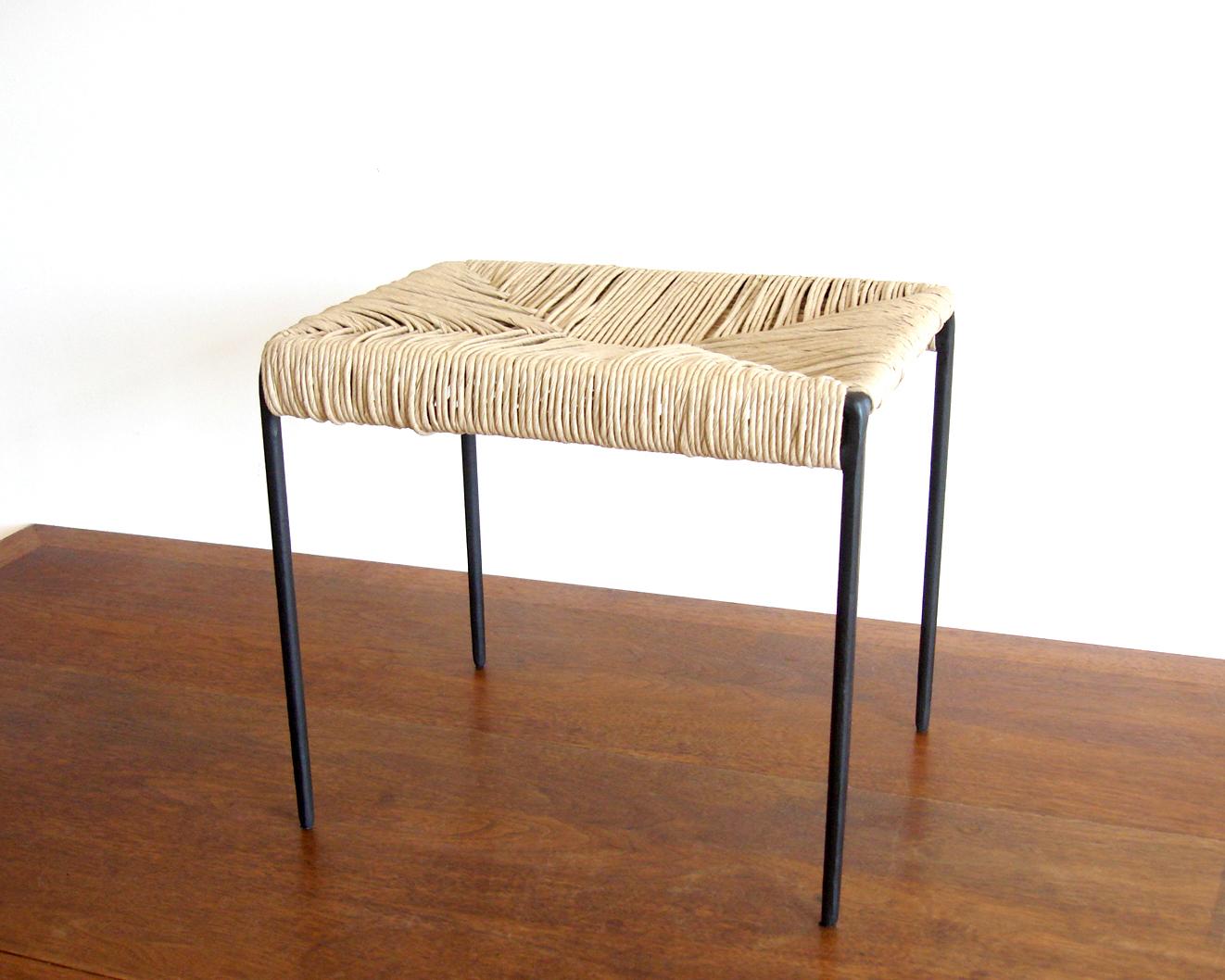 Hand-Woven Americano woven cane and blackened steel ottoman stool For Sale