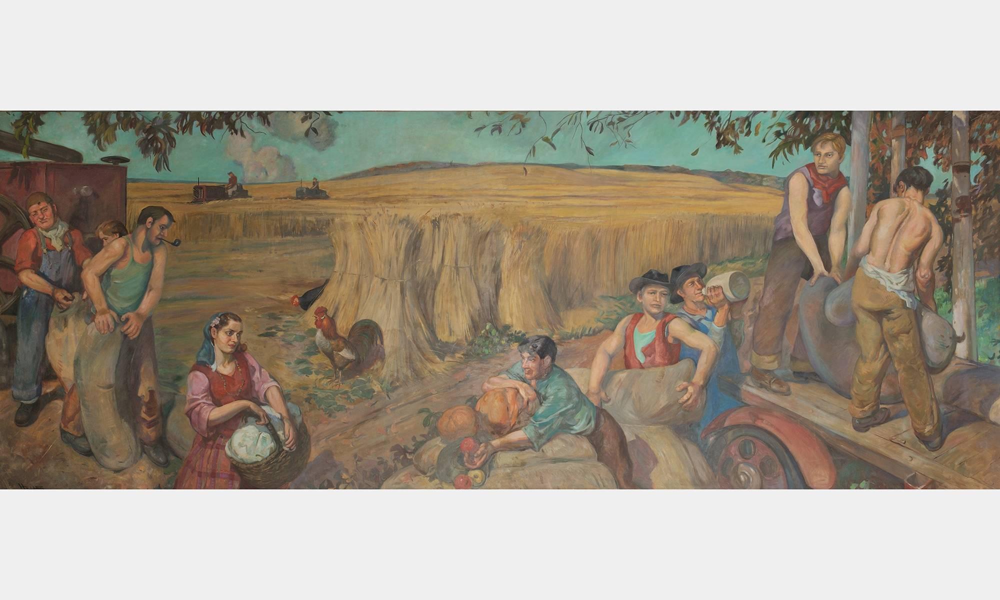 Large-scale oil on canvas painting depicting workers harvesting wheat. Six murals were made in total portraying idealized scenes of the American industry in progress. The paintings lined the walls of the Bank of St. Louis from 1935-2009.