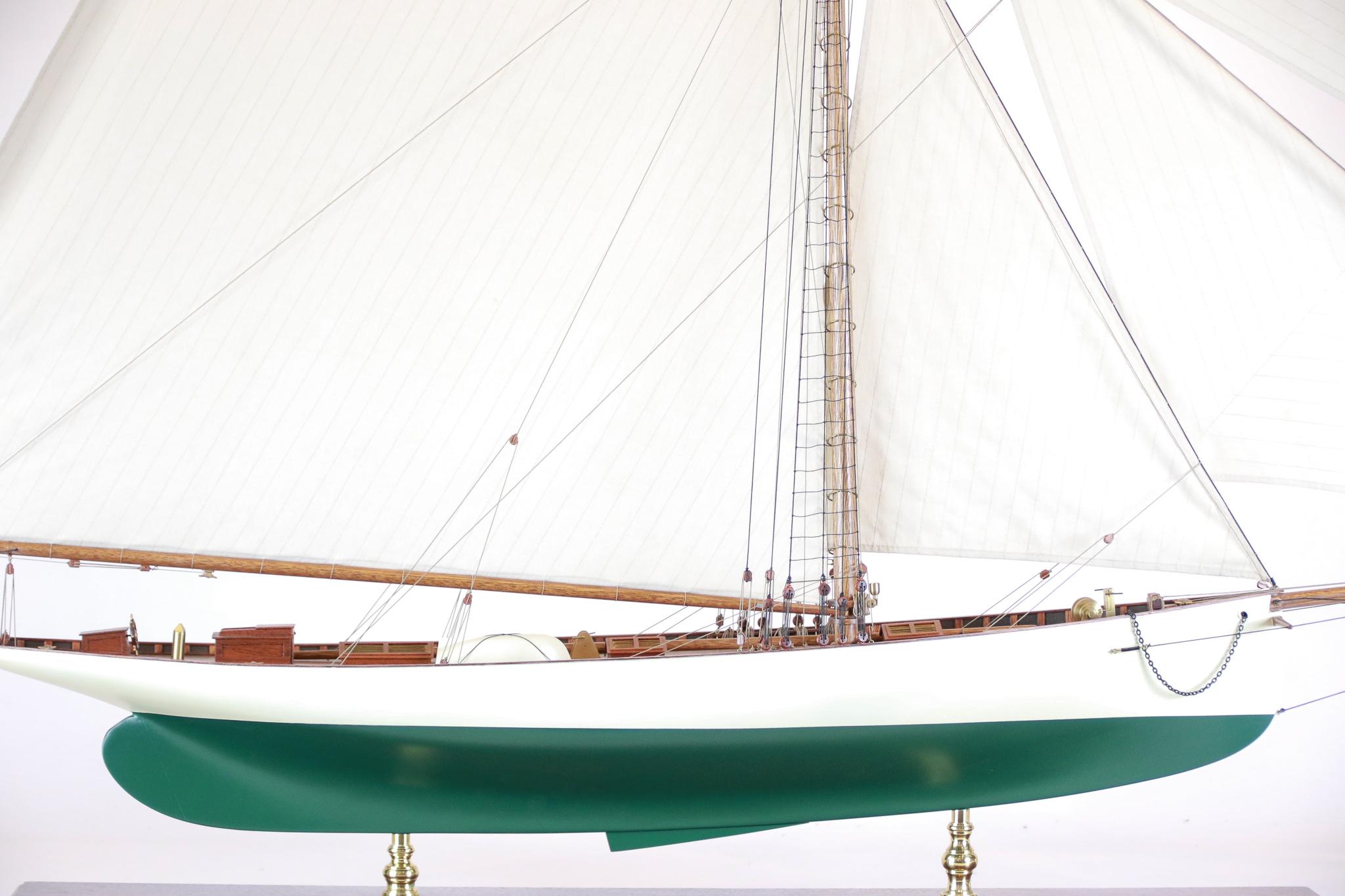 Early America's Cup model of the Puritan of 1885. The Puritan was designed by Edward Burgess and built at the Lawley boat yard in Boston. Puritan was owned by John Malcolm Forbes, the yacht he skipped when she beat British yacht Genesta for the
