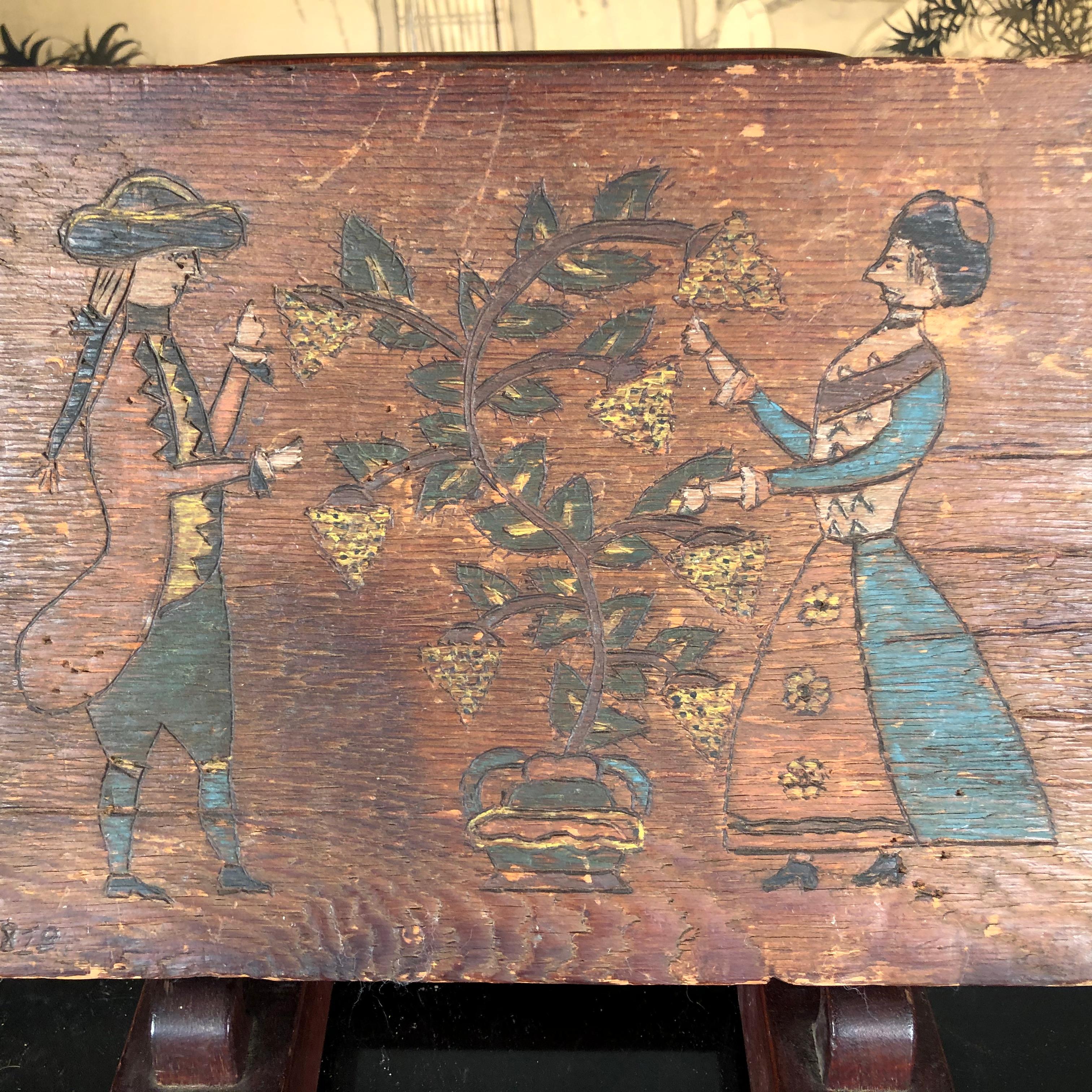 America’s earliest known dated pyrography portrait panel of a Pennsylvania couple.

This unique work of art is hand-incised using a pyrographic (pyrography) wood burned technique and then hand stained/painted.

A Pennsylvania Portrait of a man