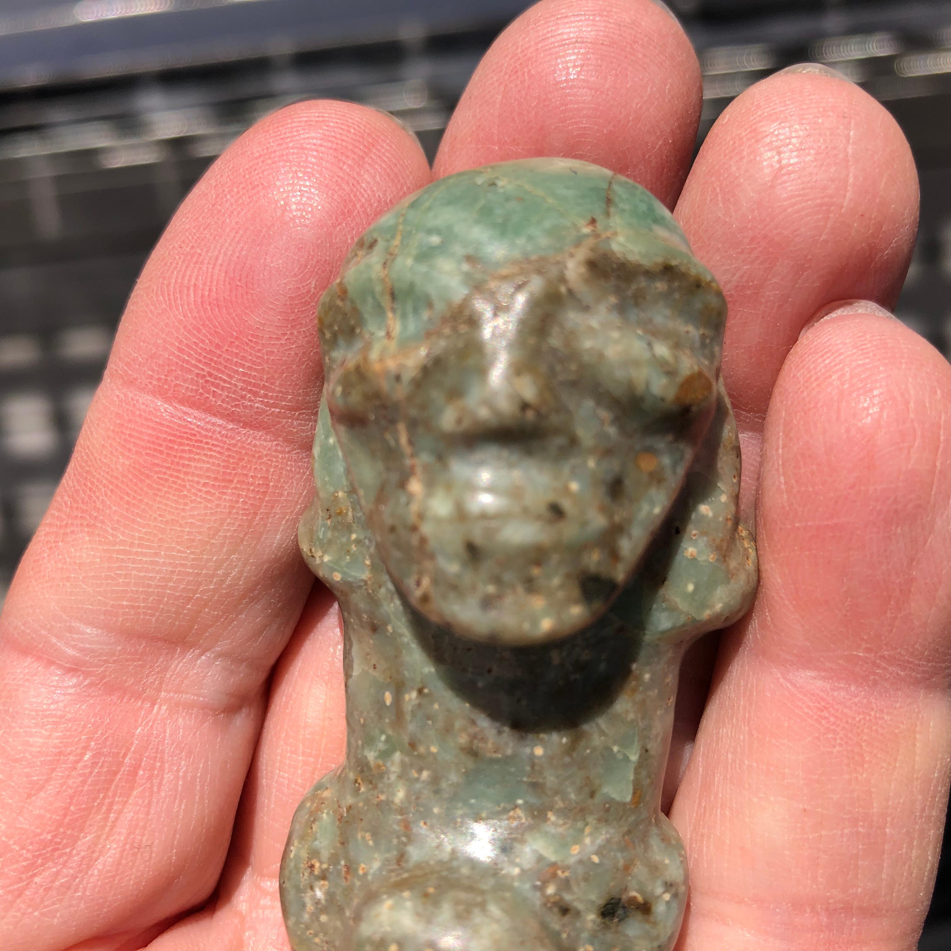 Pre-Columbian, Hispaniola, Arawak peoples, Taino native Indians, 1000-1500 CE.

This is a fine and important hand carved jade ancestor sculpture fashioned as a pendant from the Arawak Peoples of the Greater Antilles Islands, Dominican Republic. It