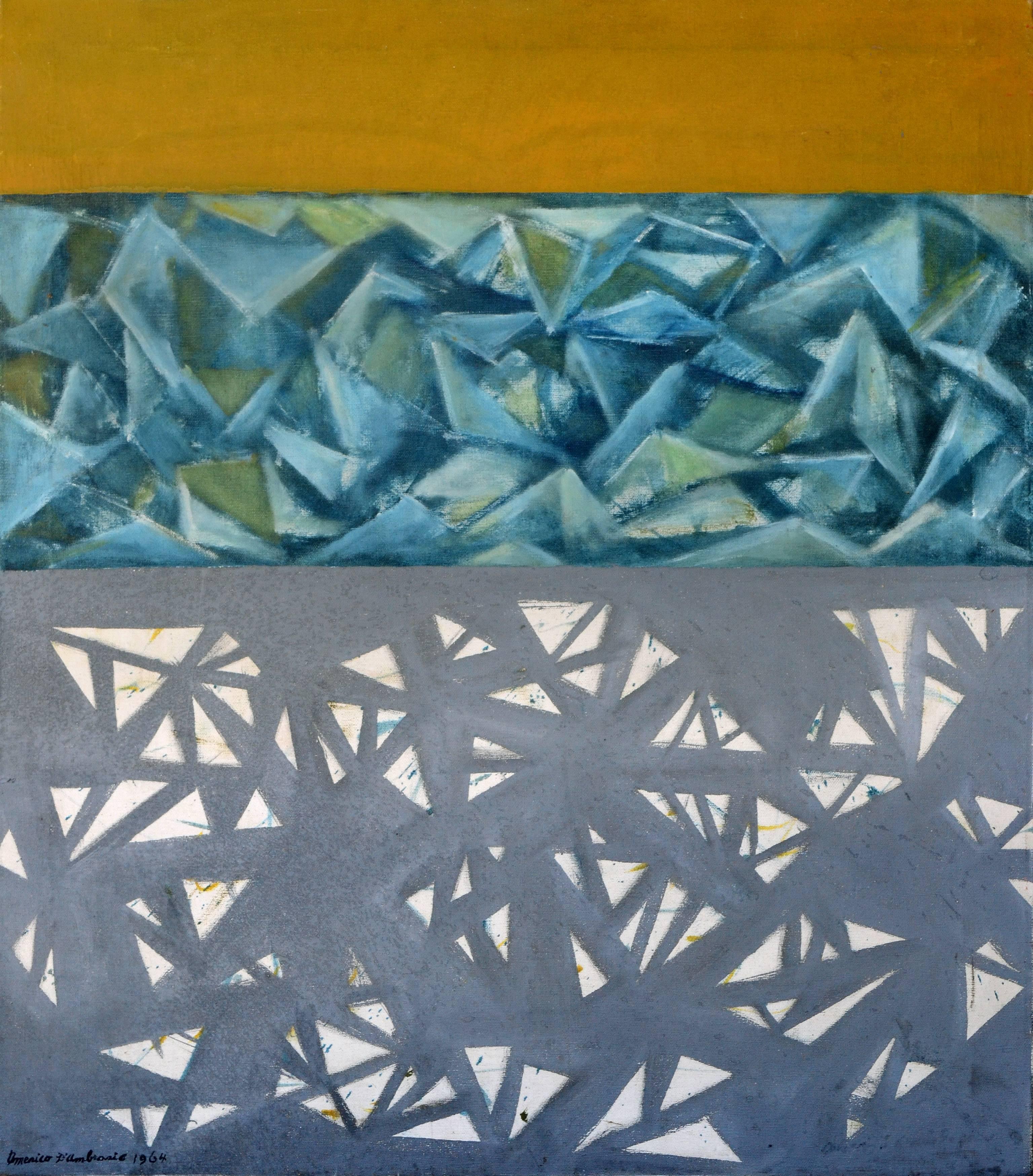 Abstract Painting di Americo D'Ambrosio - Astratto giallo, blu e grigio del Mid Century Modern