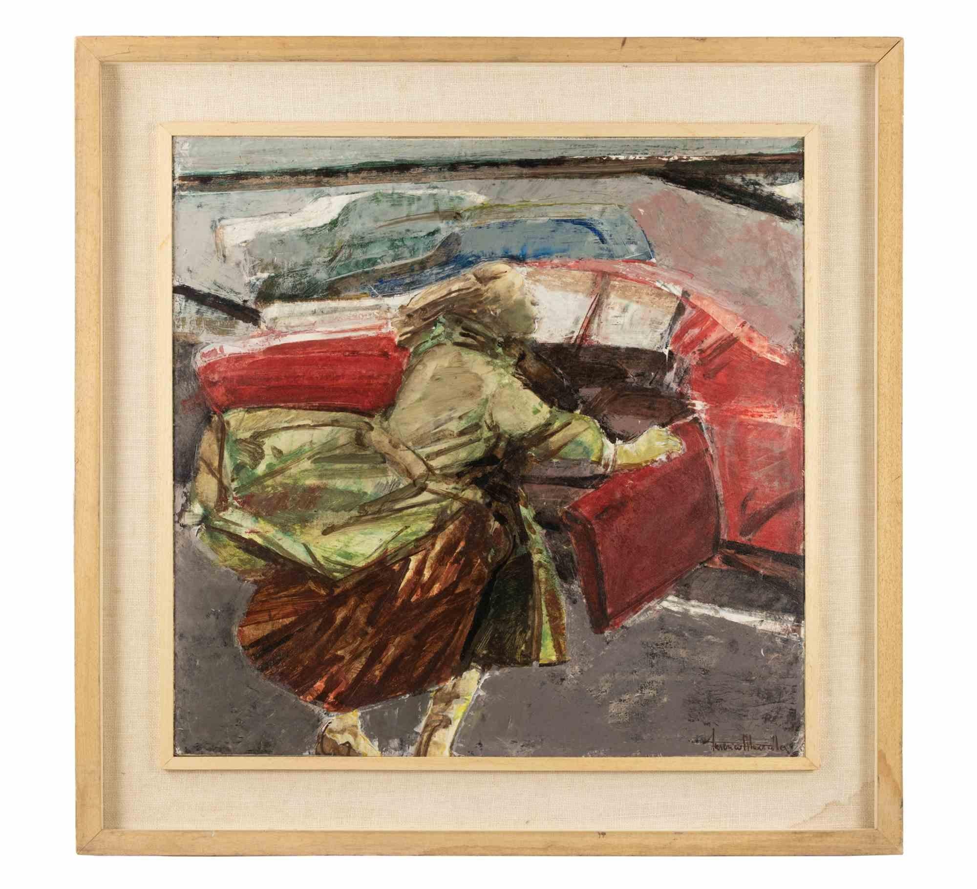 La mujer y el coche - Pintura al óleo de Americo Mazzotta - Finales del siglo XX