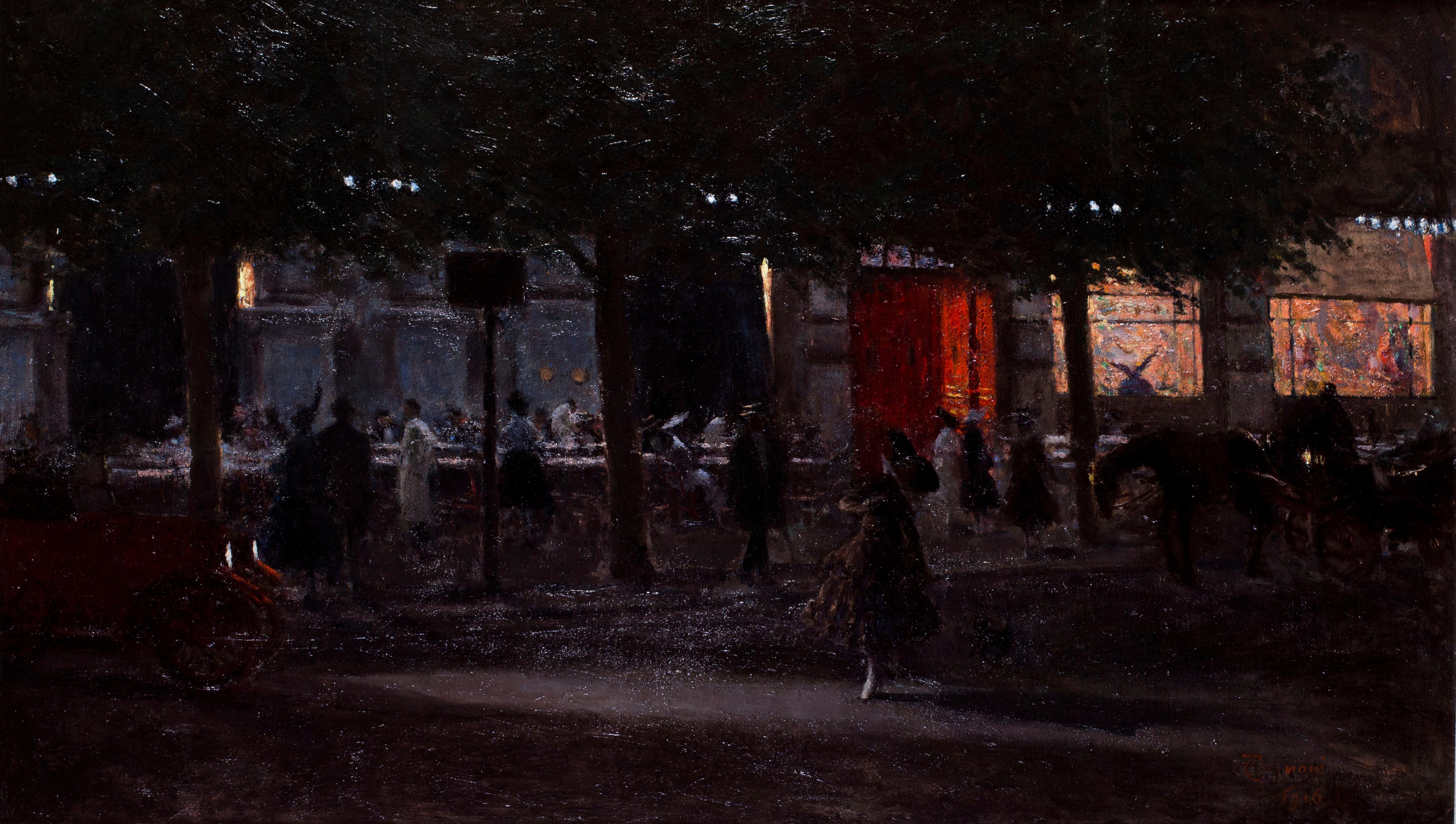 Milan at night, early 20th Century oil painting by Amerino Cagnoni For Sale 3
