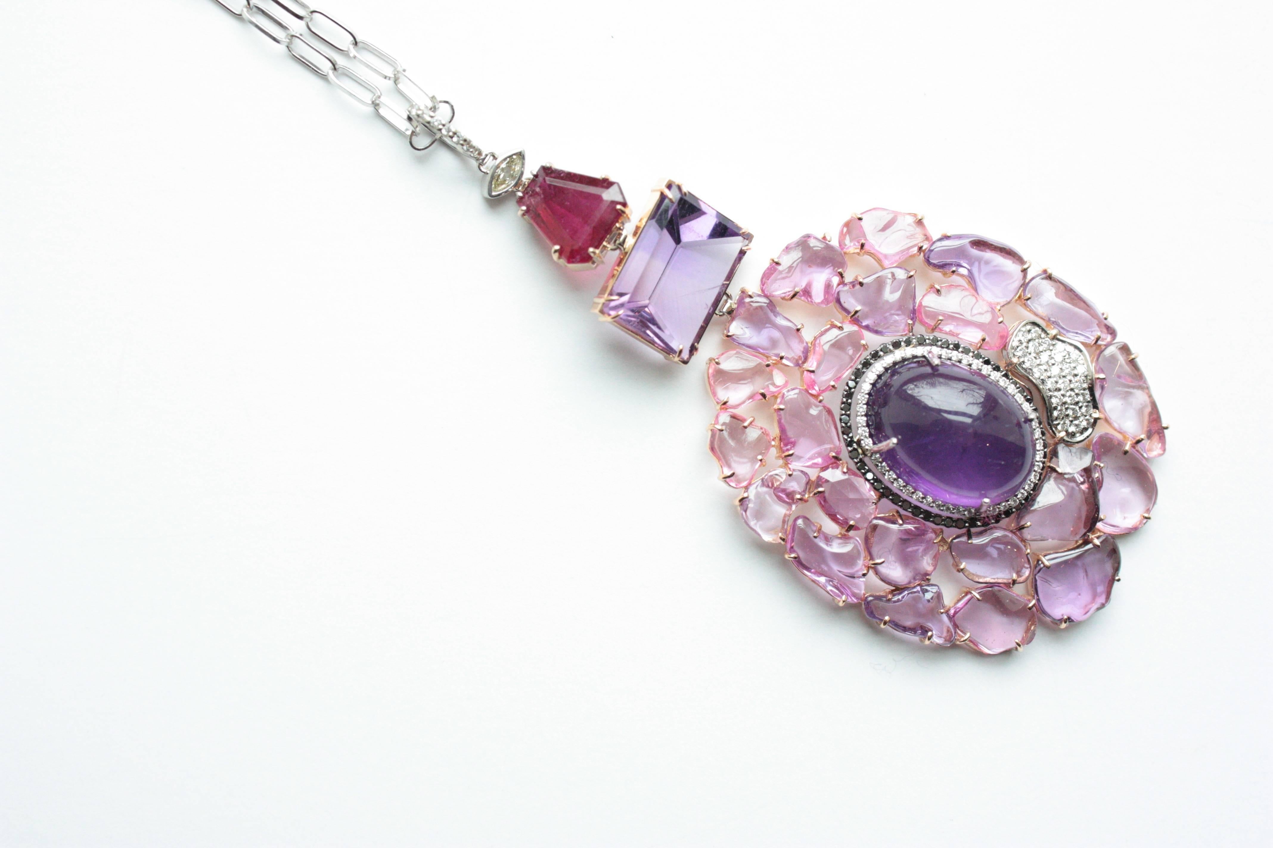 Sharon Khazzam Amethyst, Pink and Purple Sapphire, Spinel and Diamond Necklace In New Condition In Great Neck, NY