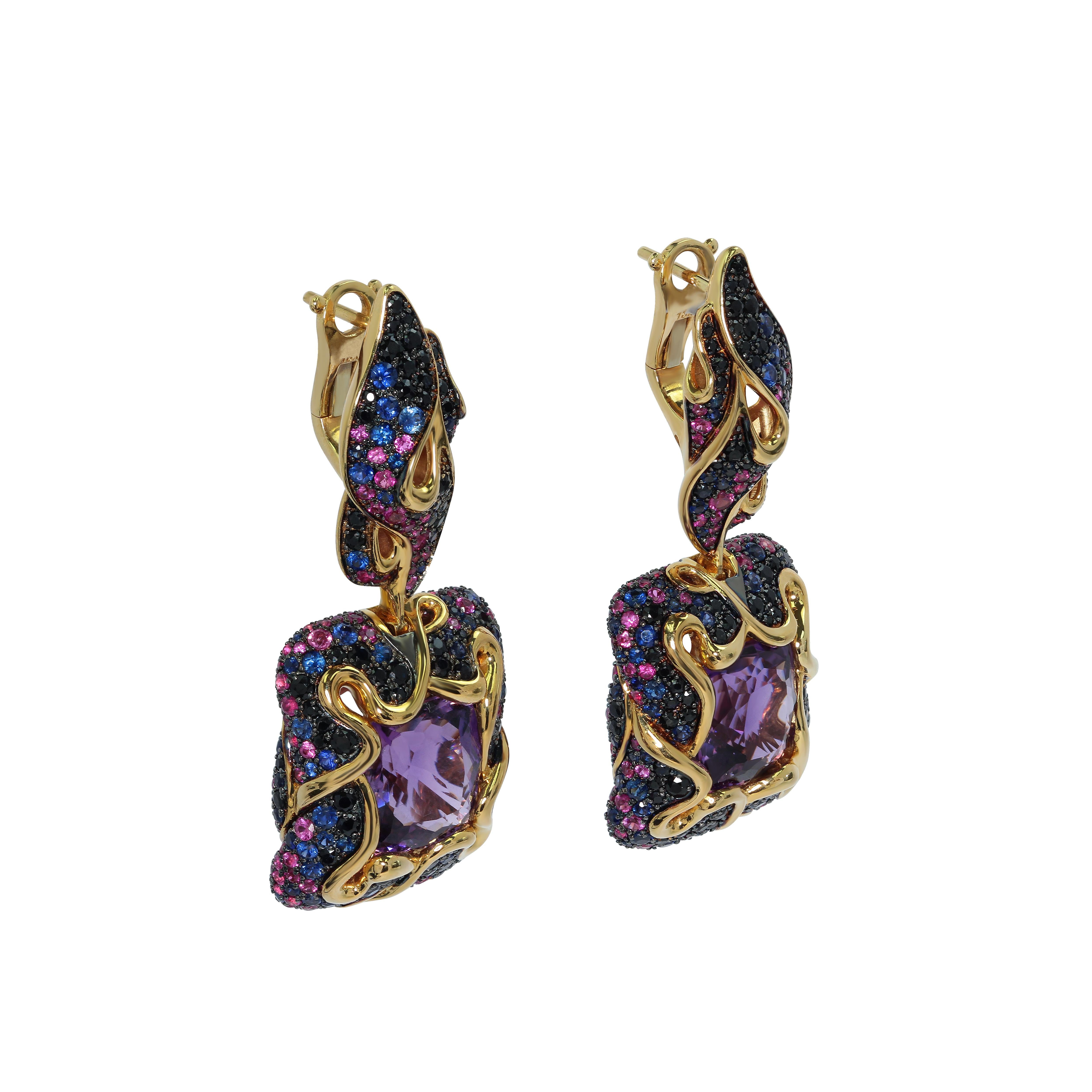 Amethyst 10.14 Carat Pink Blue Black Sapphire 18 Karat Yellow Gold Earrings
In early June in the gardens bloom luxurious flowers - peonies. Romance and mystery of peonies always attracted and allured artists. Our designers created these Earrings,