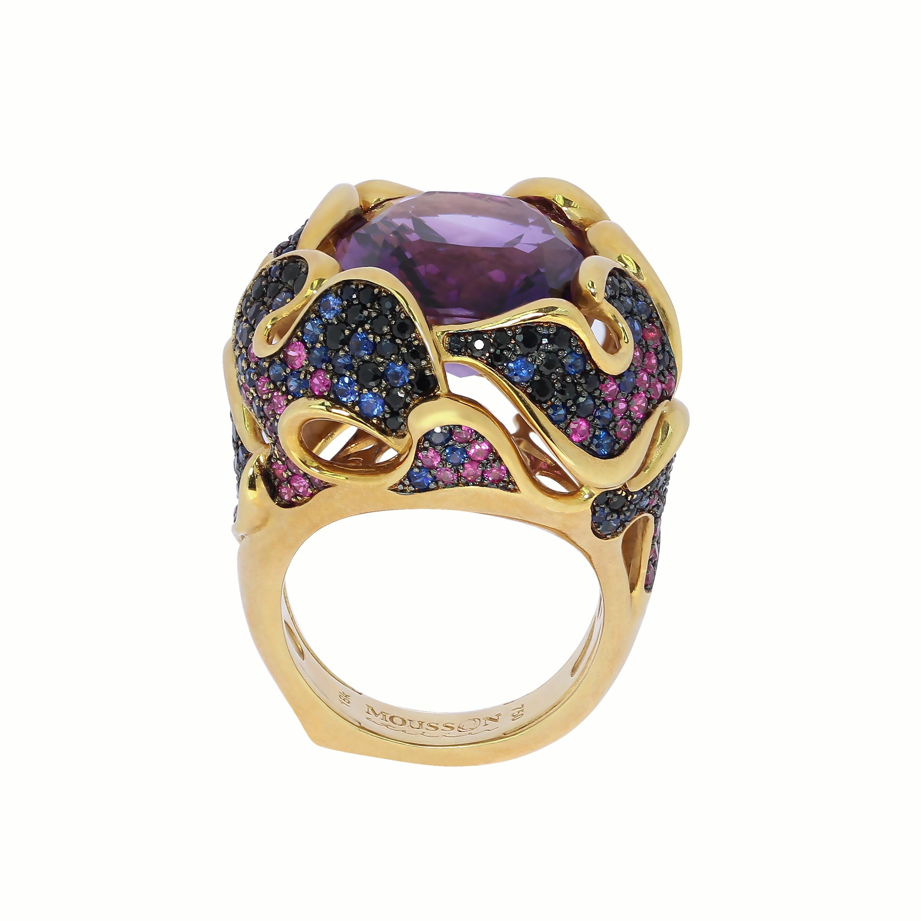 Amethyst 11.87 Carat Pink Blue Black Sapphire 18 Karat Yellow Gold Ring
In early June in the gardens bloom luxurious flowers - peonies. Romance and mystery of peonies always attracted and allured artists. Our designers created this Ring, inspired by