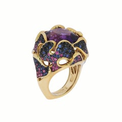 Amethyst 11.87 Carat Pink Blue Black Sapphire 18 Karat Yellow Gold Ring