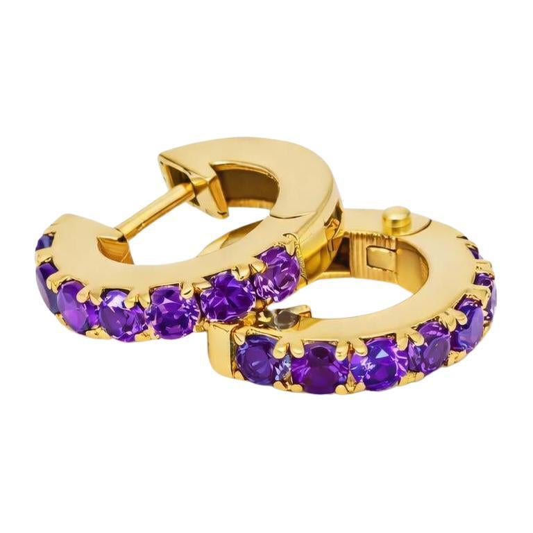 Amethyst 12 MM Huggie Earrings, Micro Pave Hoop Earrings For Sale