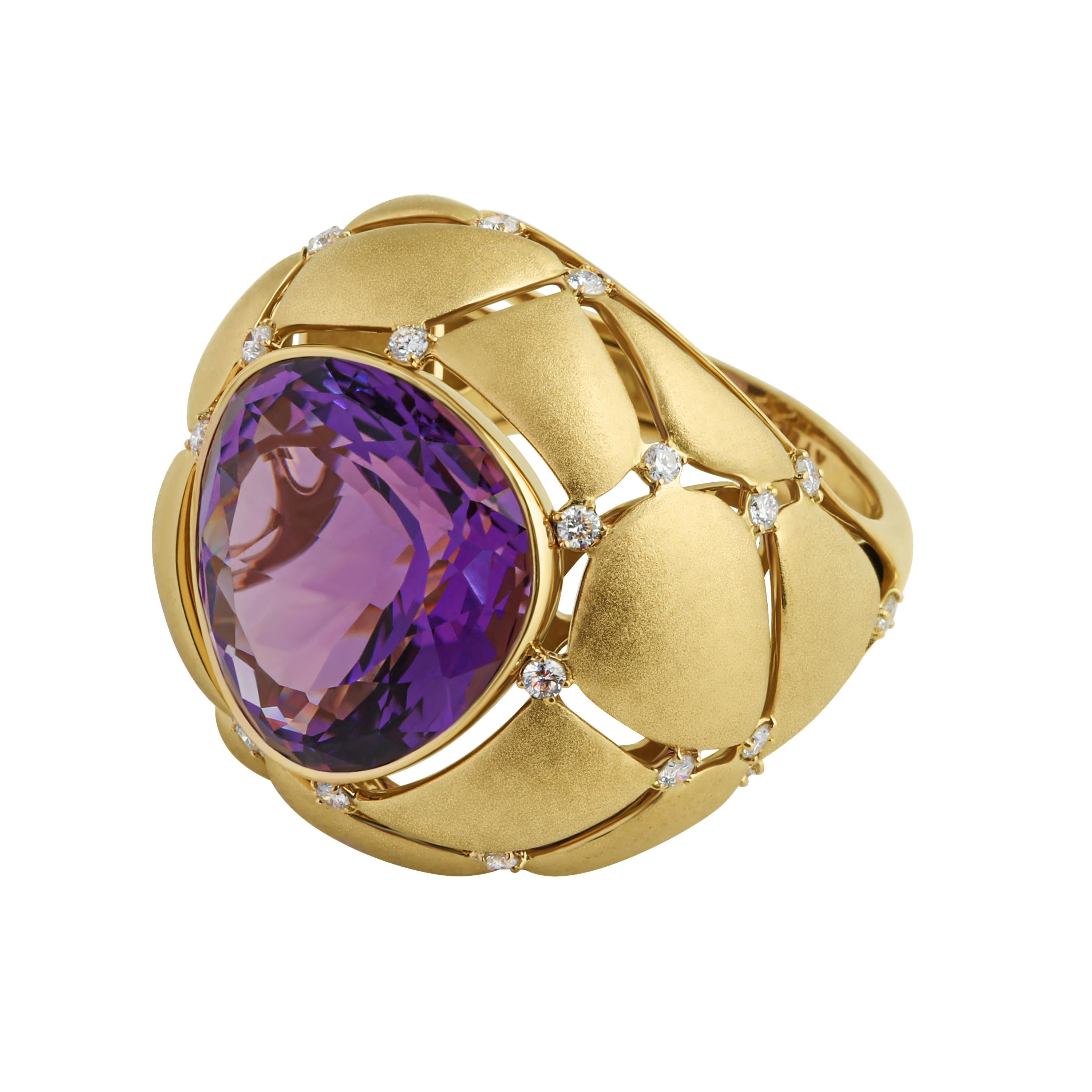 Amethyst 12.09 Carat White Diamonds 18 Karat Yellow Gold Ring
Take a look at this Ring! Looking at it, different associations can arise. For example, to someone it resembles a cotton flower. Others see it as cracked dry land in the desert. In any