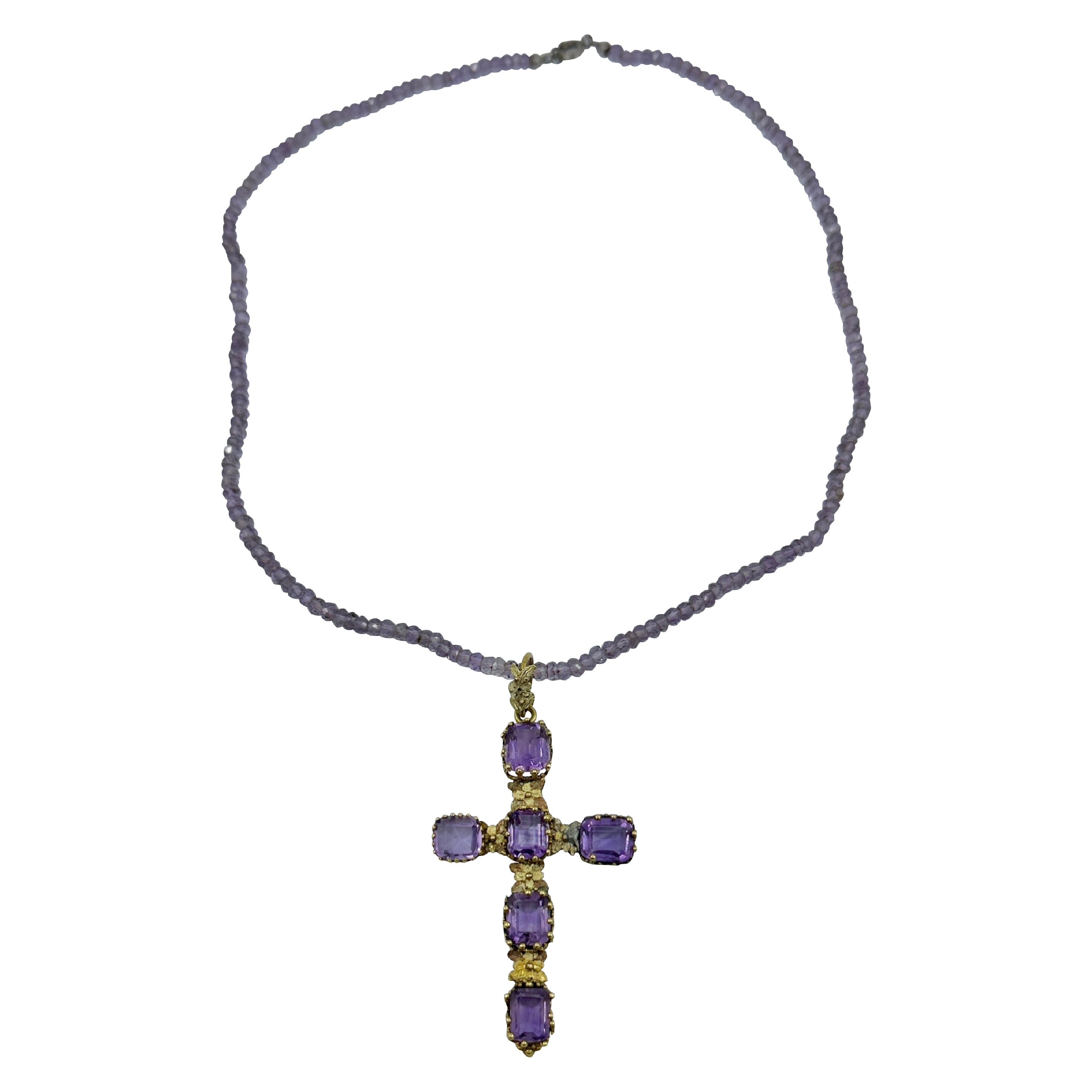 Collier pendentif croix en améthyste et or 14 carats Antique Victorien Art Déco en vente