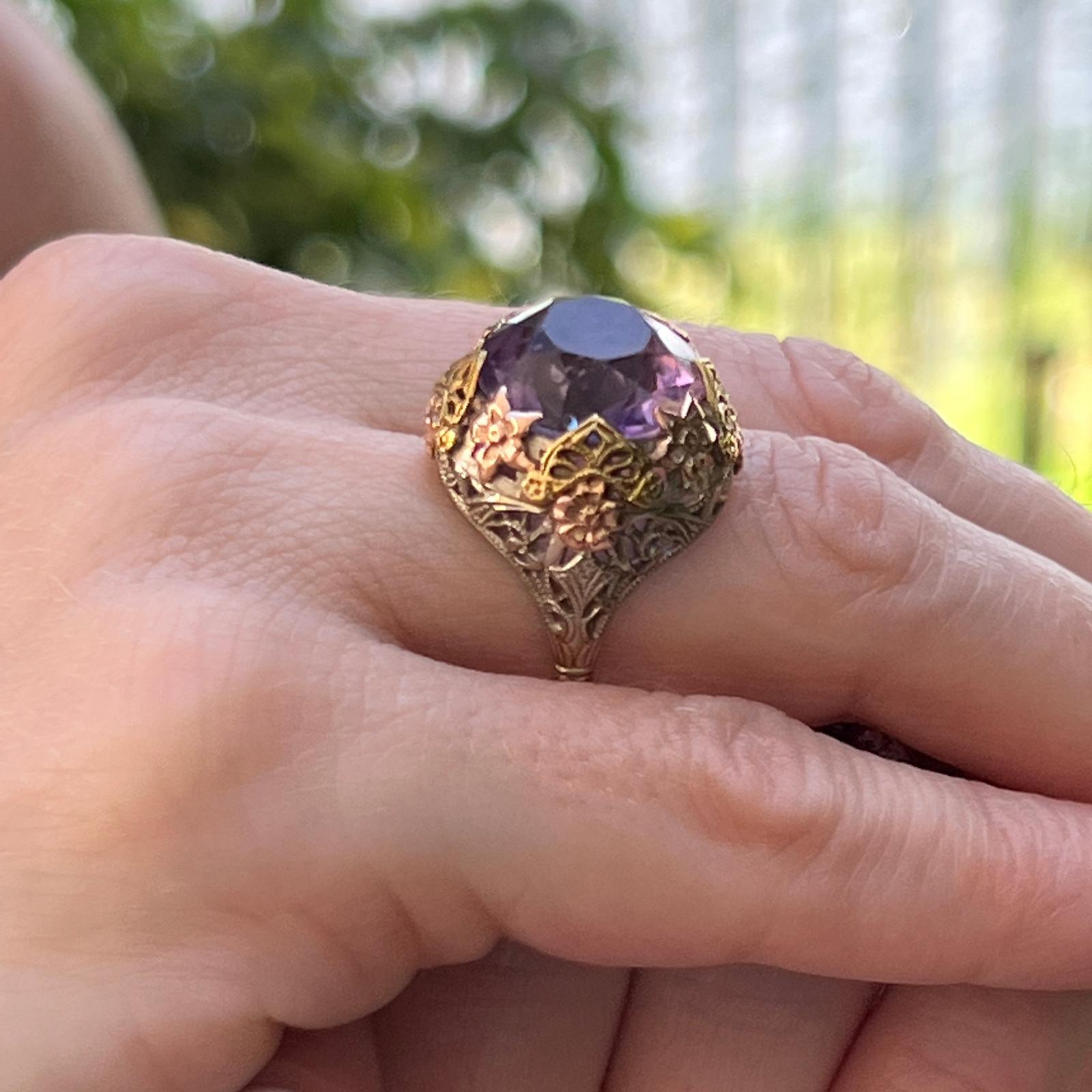 Contemporary Amethyst 14 Karat White Yellow & Rose Gold Floral Design Vintage Cocktail Ring