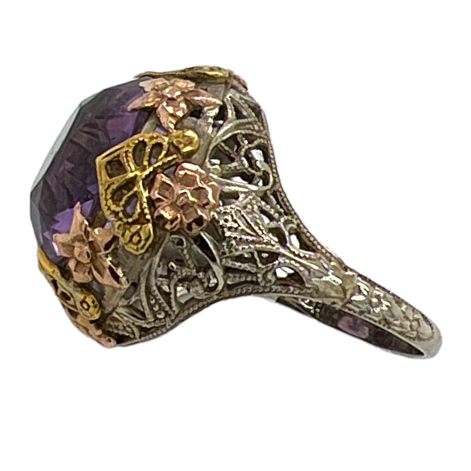 Amethyst 14 Karat White Yellow & Rose Gold Floral Design Vintage Cocktail Ring In Excellent Condition In Boca Raton, FL