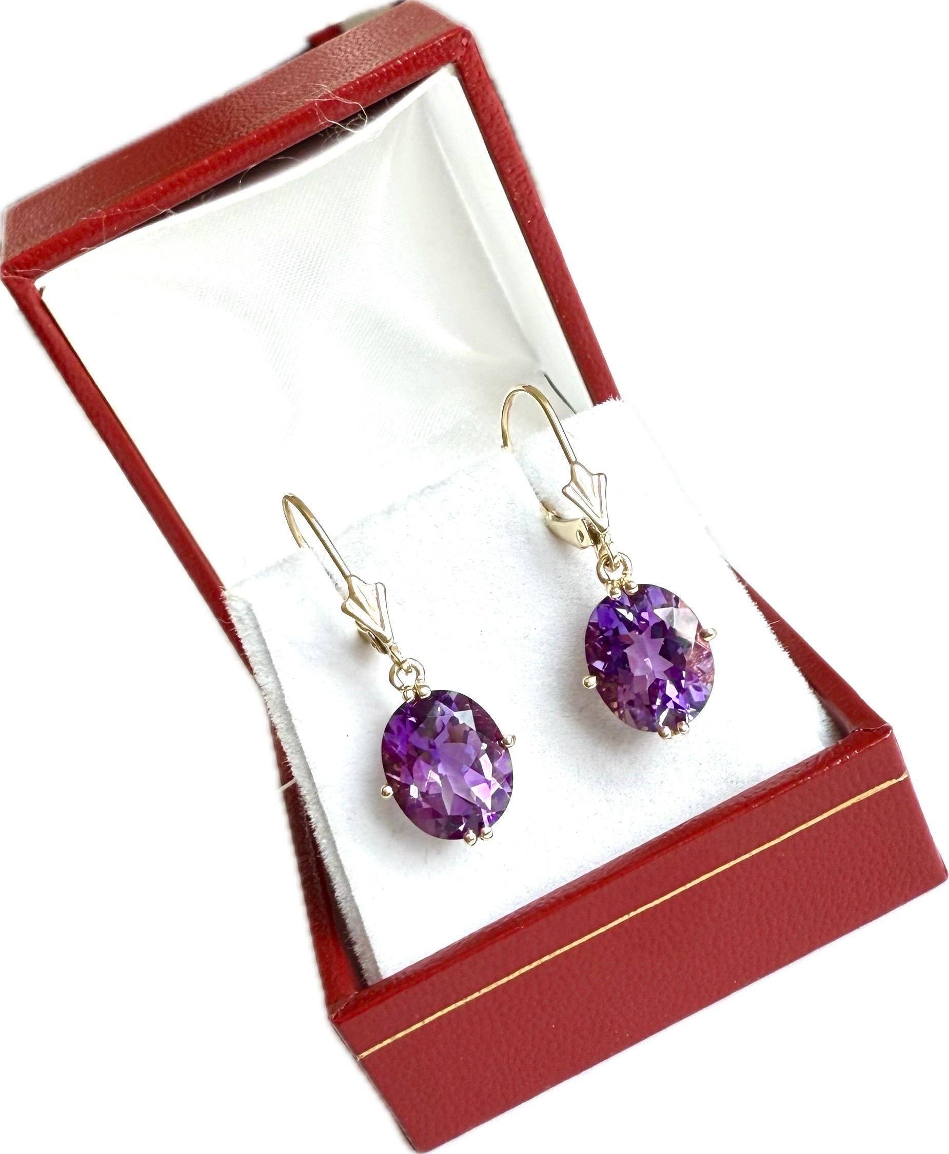 Pendientes de amatista de oro amarillo de 14 ct, pendientes de gota de 14 ct, cierre de palanca en venta 4