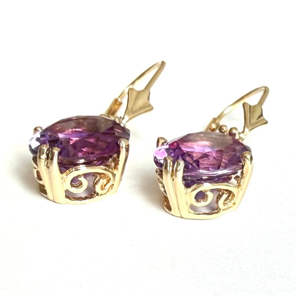 Pendientes de amatista de oro amarillo de 14 ct, pendientes de gota de 14 ct, cierre de palanca en venta 5