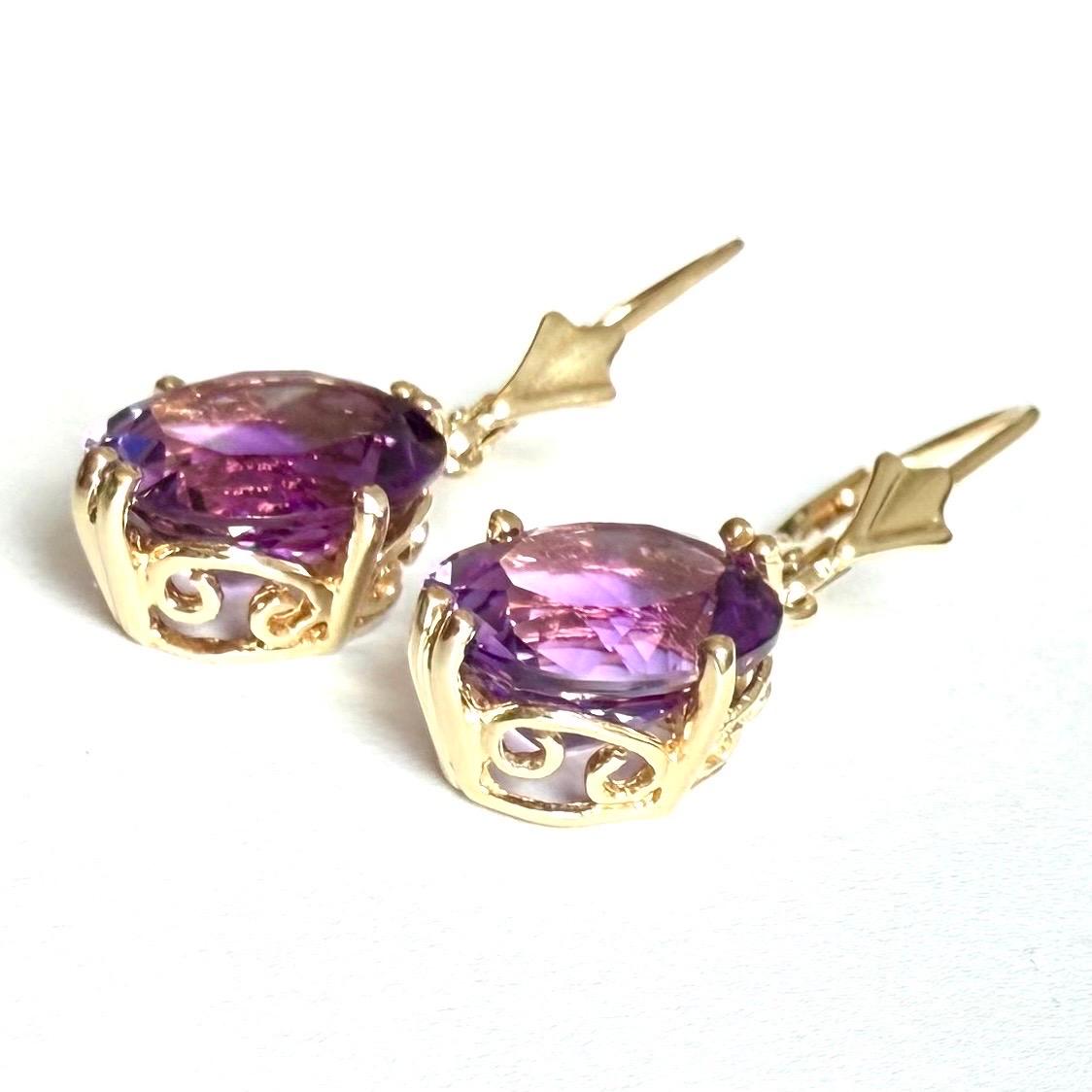 Pendientes de amatista de oro amarillo de 14 ct, pendientes de gota de 14 ct, cierre de palanca en venta 6
