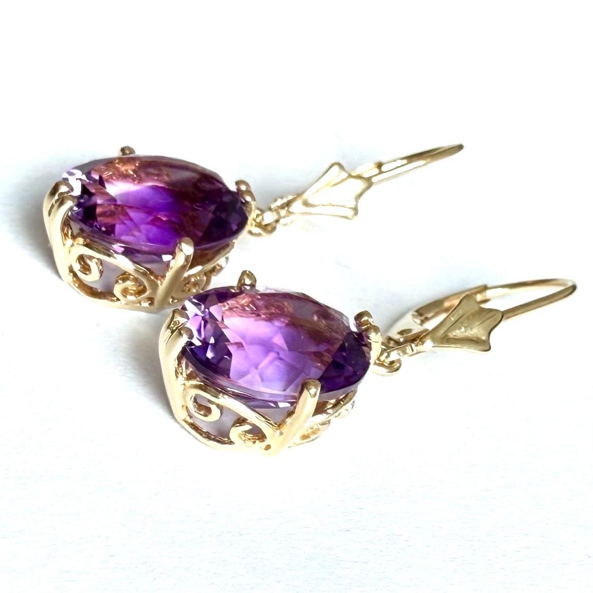 Pendientes de amatista de oro amarillo de 14 ct, pendientes de gota de 14 ct, cierre de palanca en venta 7