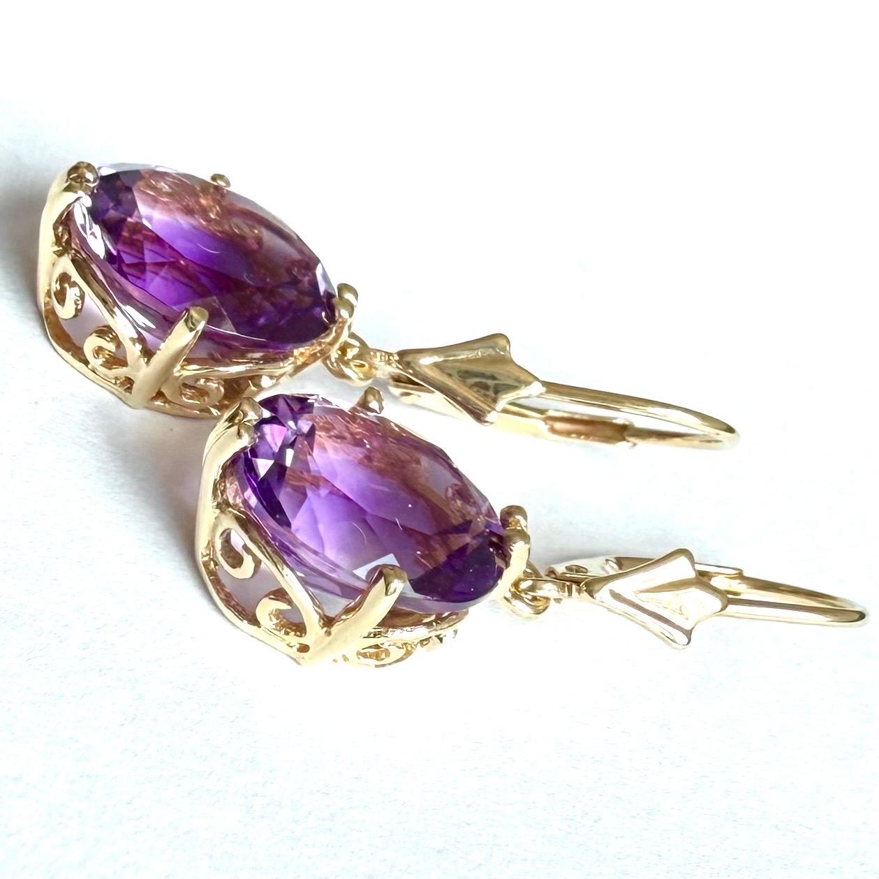 Pendientes de amatista de oro amarillo de 14 ct, pendientes de gota de 14 ct, cierre de palanca en venta 8