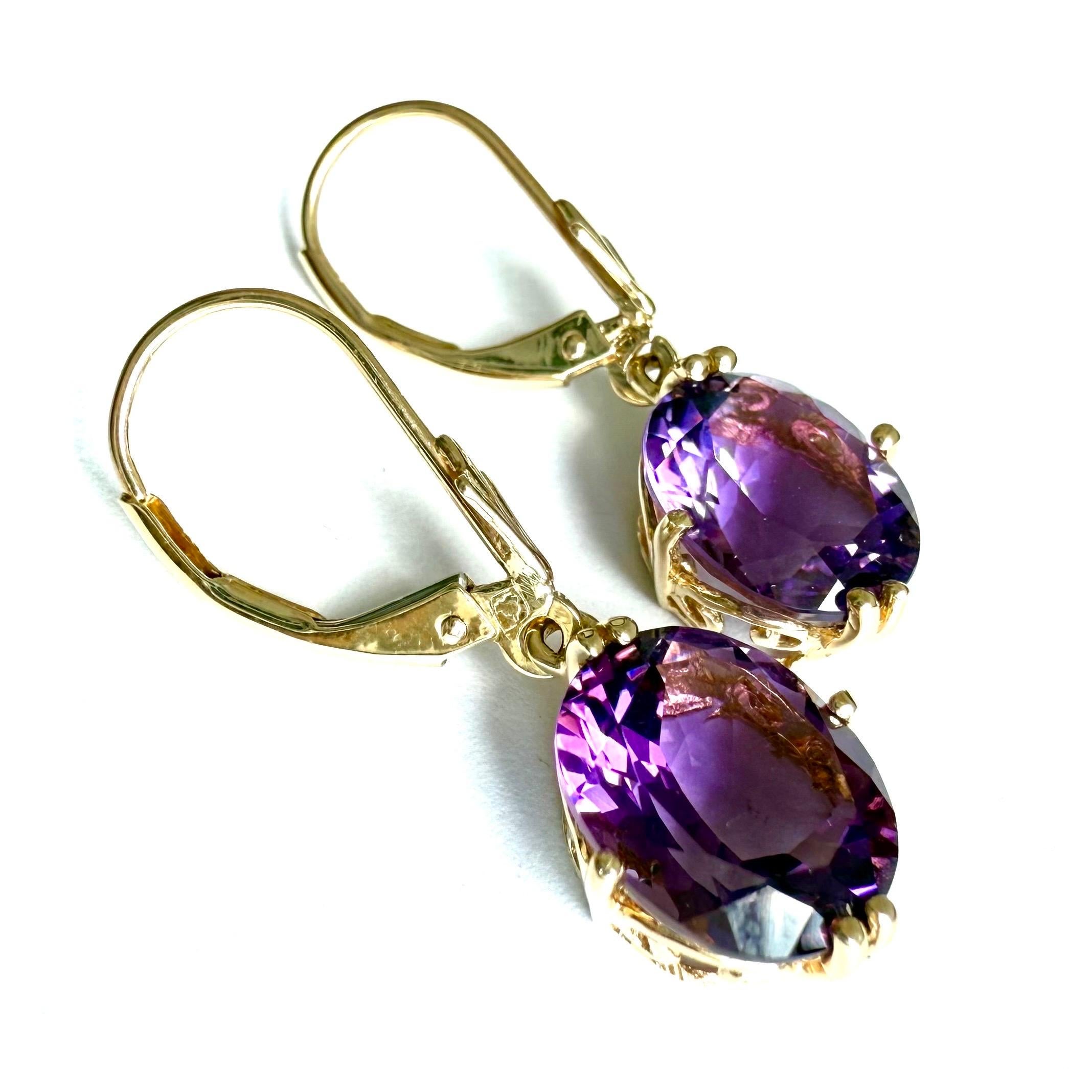 Pendientes de amatista de oro amarillo de 14 ct, pendientes de gota de 14 ct, cierre de palanca en venta 9