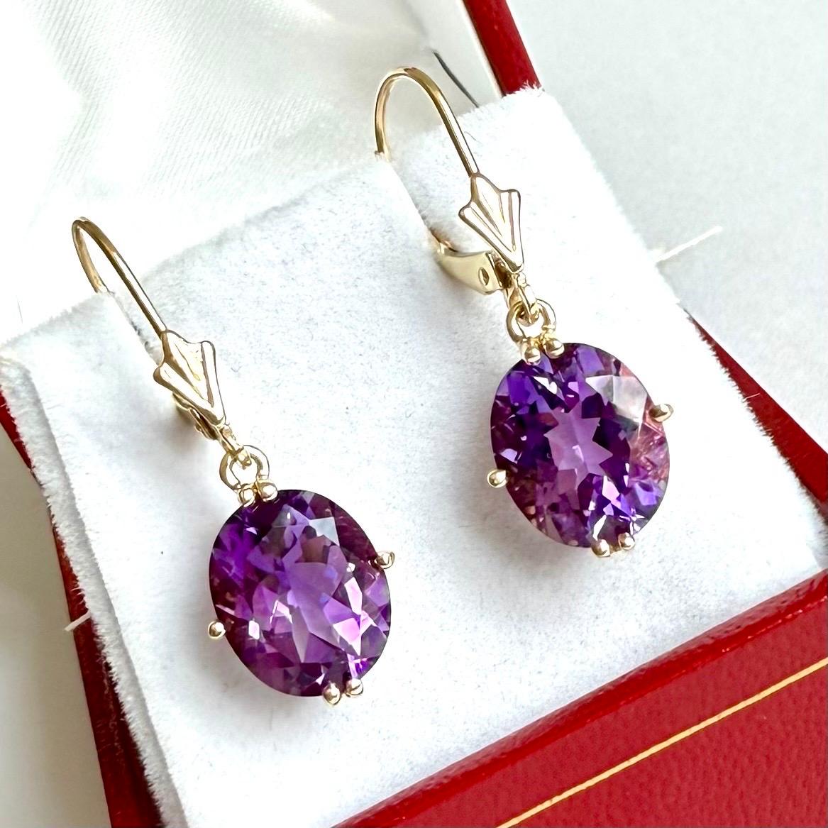 Pendientes de amatista de oro amarillo de 14 ct, pendientes de gota de 14 ct, cierre de palanca Romántico en venta