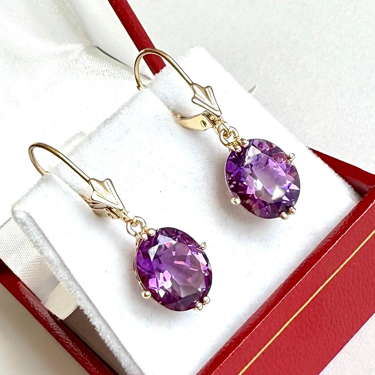 Pendientes de amatista de oro amarillo de 14 ct, pendientes de gota de 14 ct, cierre de palanca Corte brillante en venta