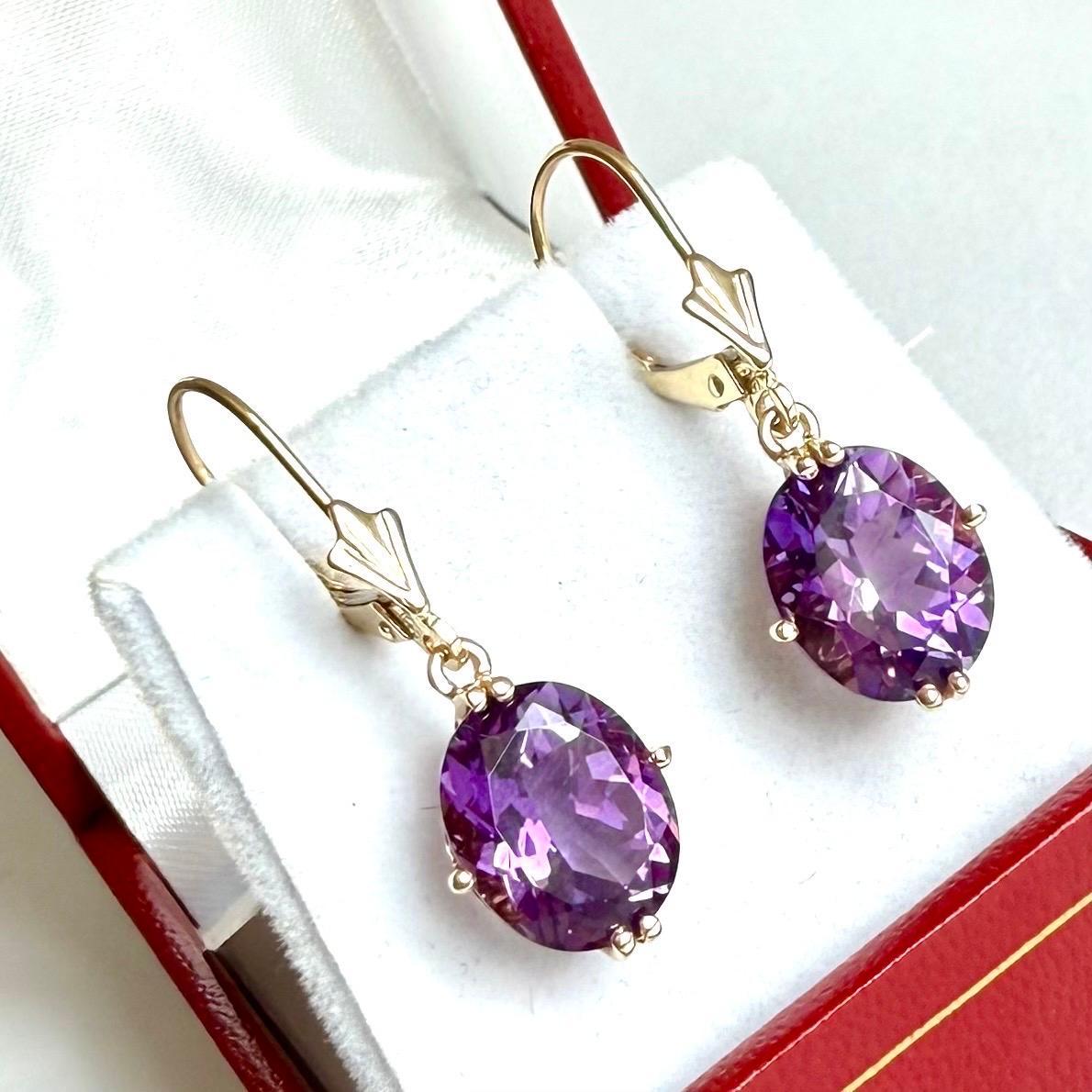 Pendientes de amatista de oro amarillo de 14 ct, pendientes de gota de 14 ct, cierre de palanca en Excelente estado para la venta en Kings Langley, GB