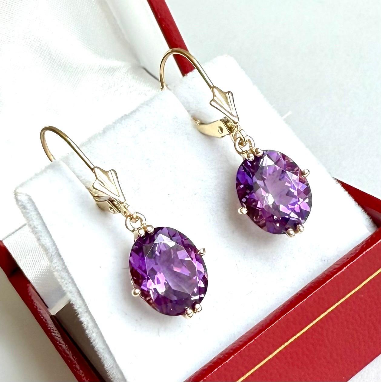 Pendientes de amatista de oro amarillo de 14 ct, pendientes de gota de 14 ct, cierre de palanca en venta 1