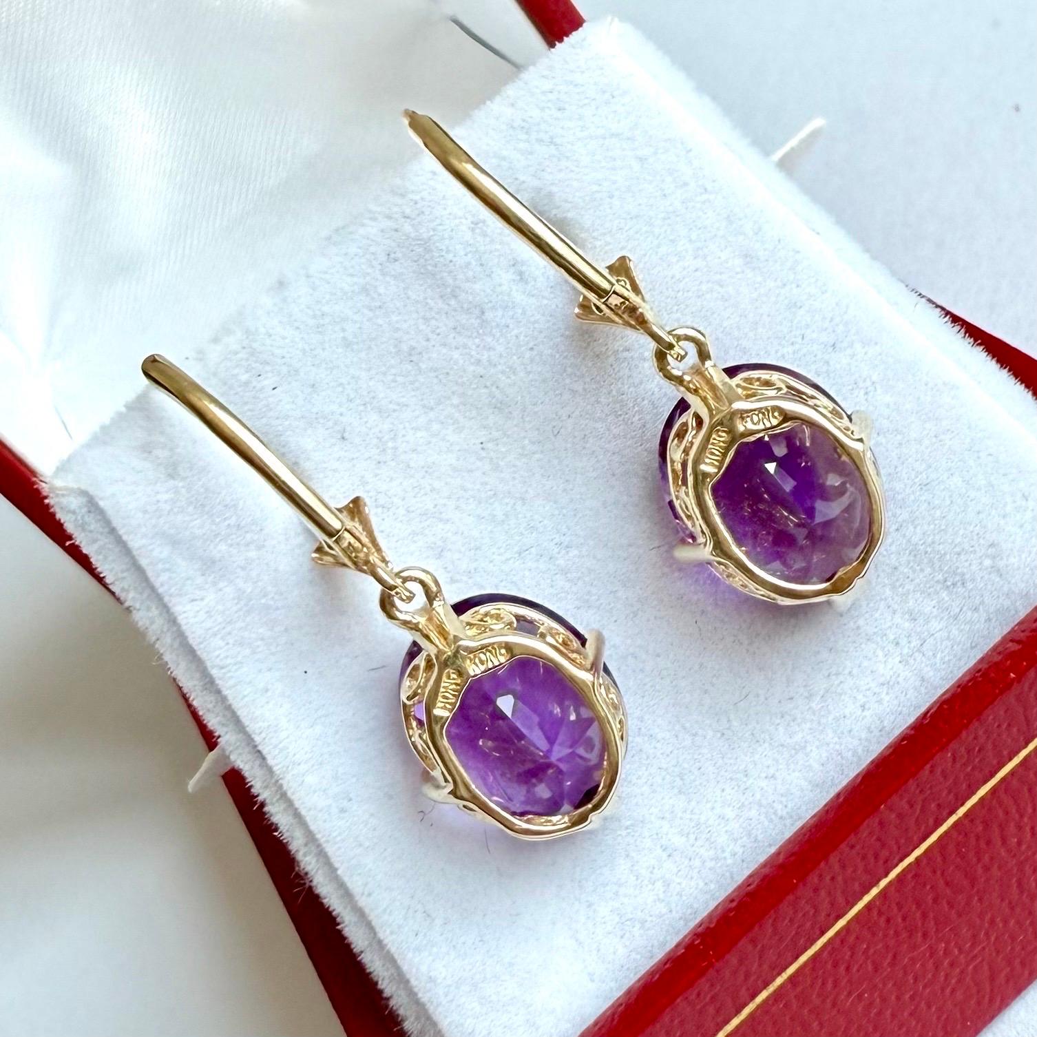 Pendientes de amatista de oro amarillo de 14 ct, pendientes de gota de 14 ct, cierre de palanca en venta 2