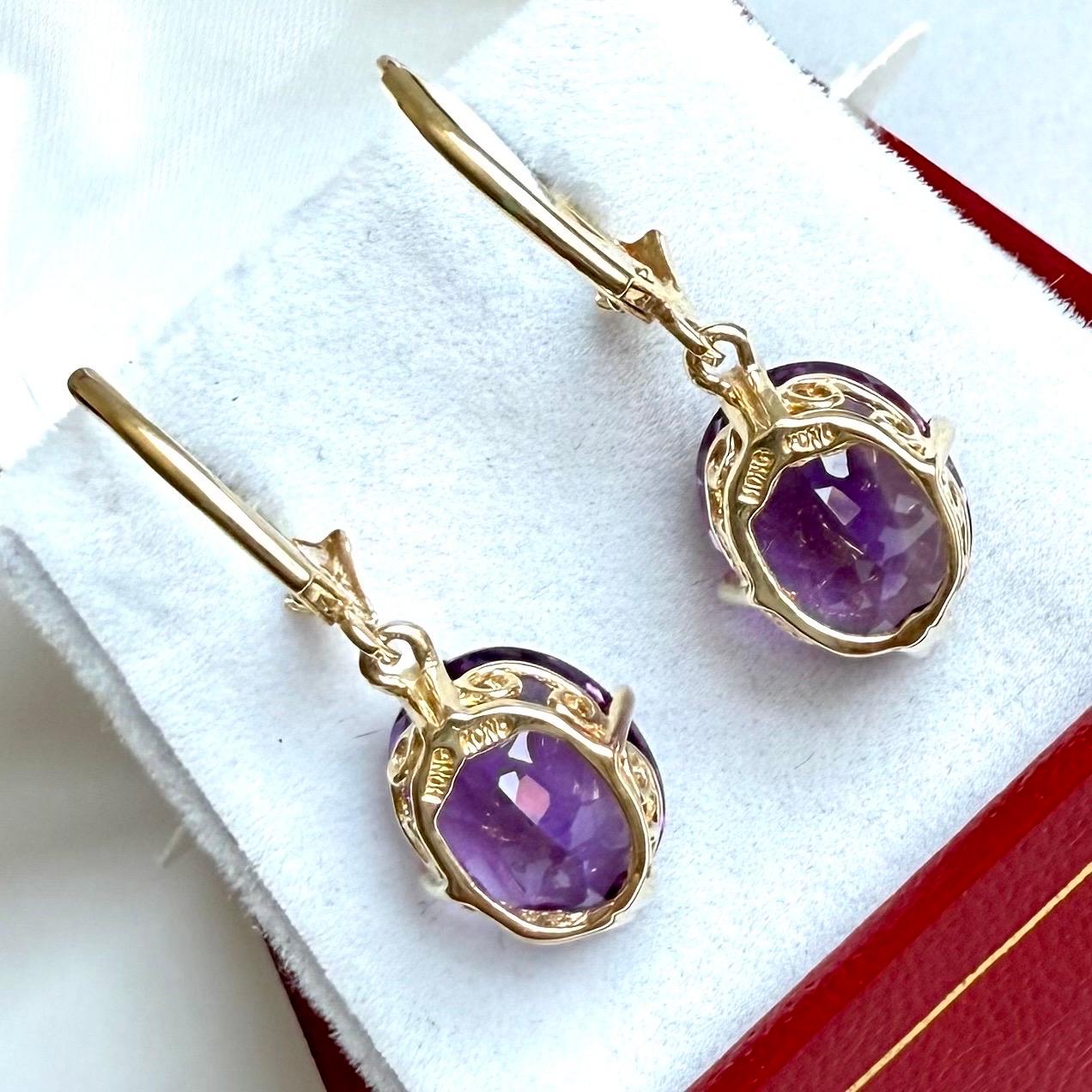Pendientes de amatista de oro amarillo de 14 ct, pendientes de gota de 14 ct, cierre de palanca en venta 3