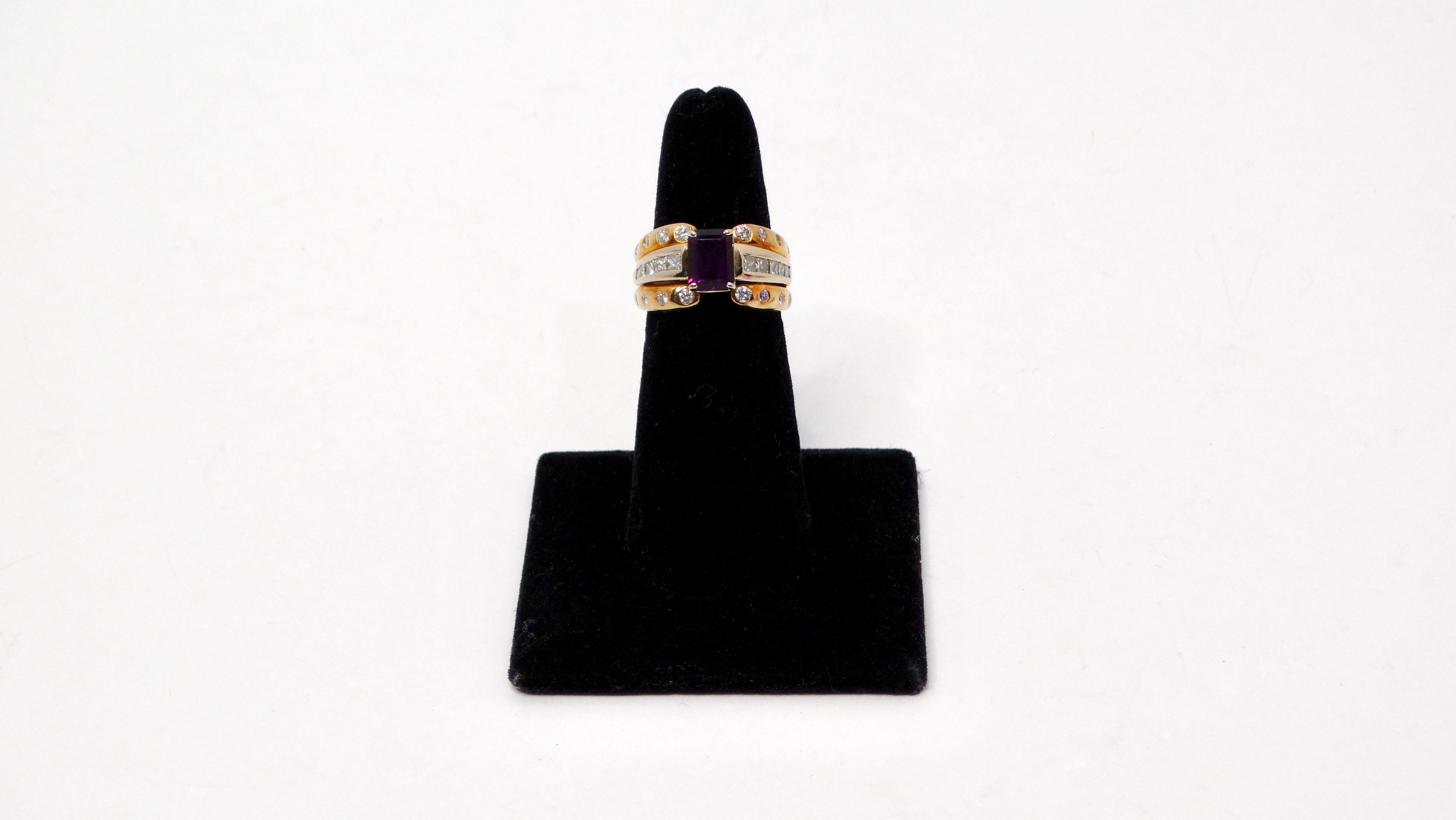 Elevate your accessory collection with the luxurious Amethyst 14k Gold Cocktail Ring, a stunning piece that showcases the timeless elegance of its central amethyst stone. The ring features a tapered, melded three-tier design, exuding sophistication