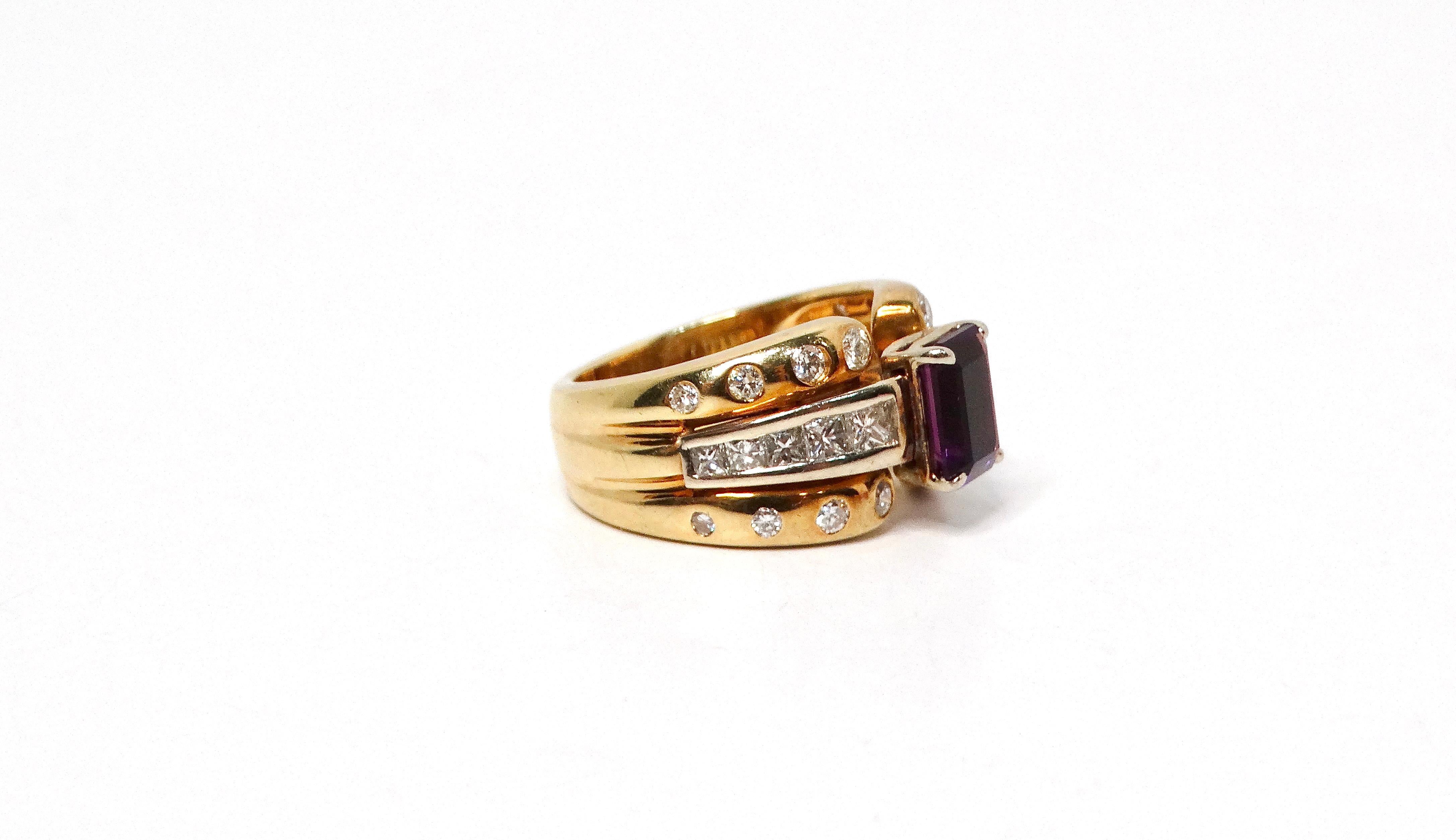 Emerald Cut Amethyst 14k Gold Cocktail Ring With Diamond Accents 1