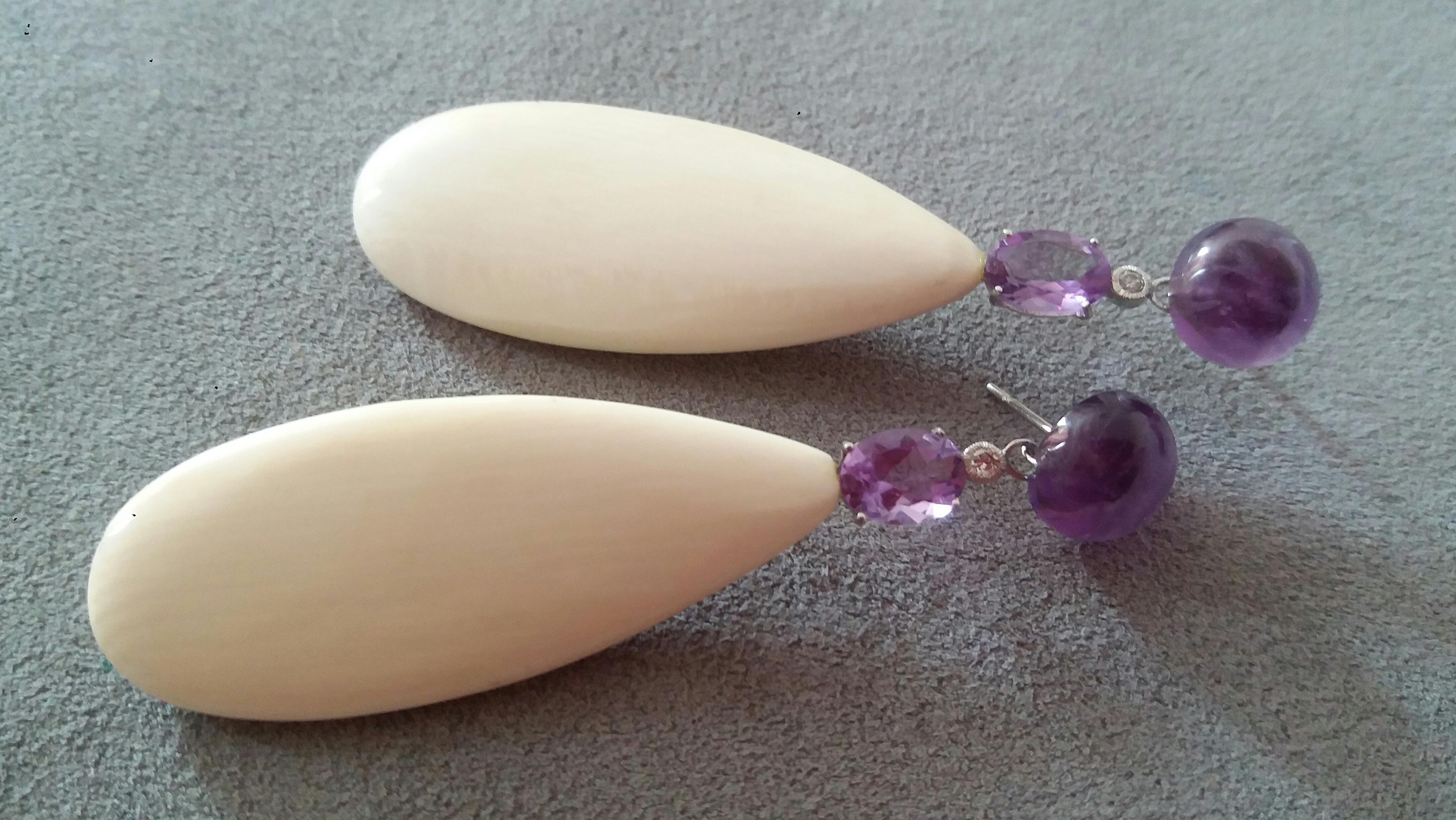 Pendientes gota lisa amatista de oro de 14 quilates con diamantes fósiles de hueso de mamut siberiano Contemporáneo en venta