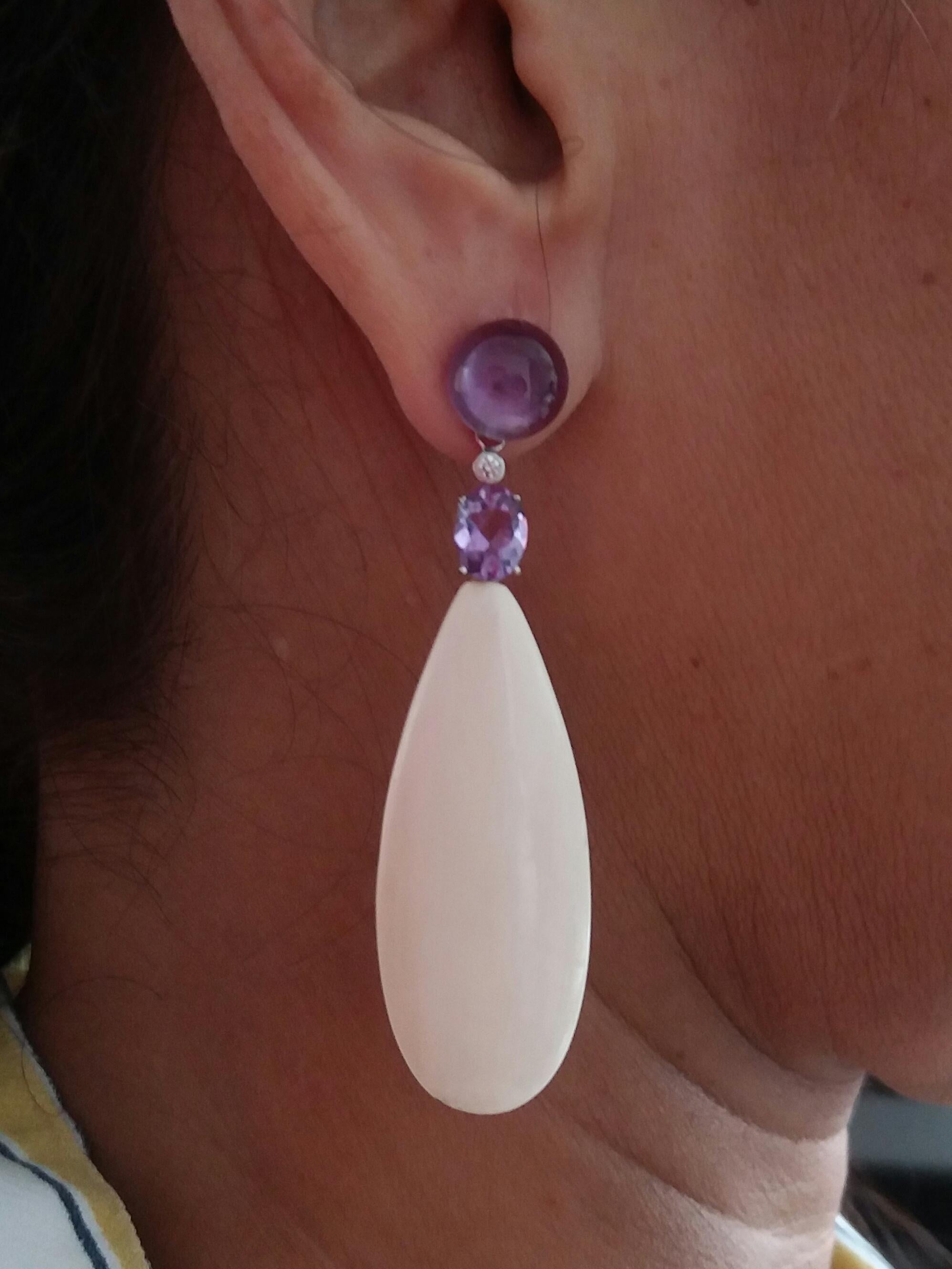 Pendientes gota lisa amatista de oro de 14 quilates con diamantes fósiles de hueso de mamut siberiano Corte mixto en venta
