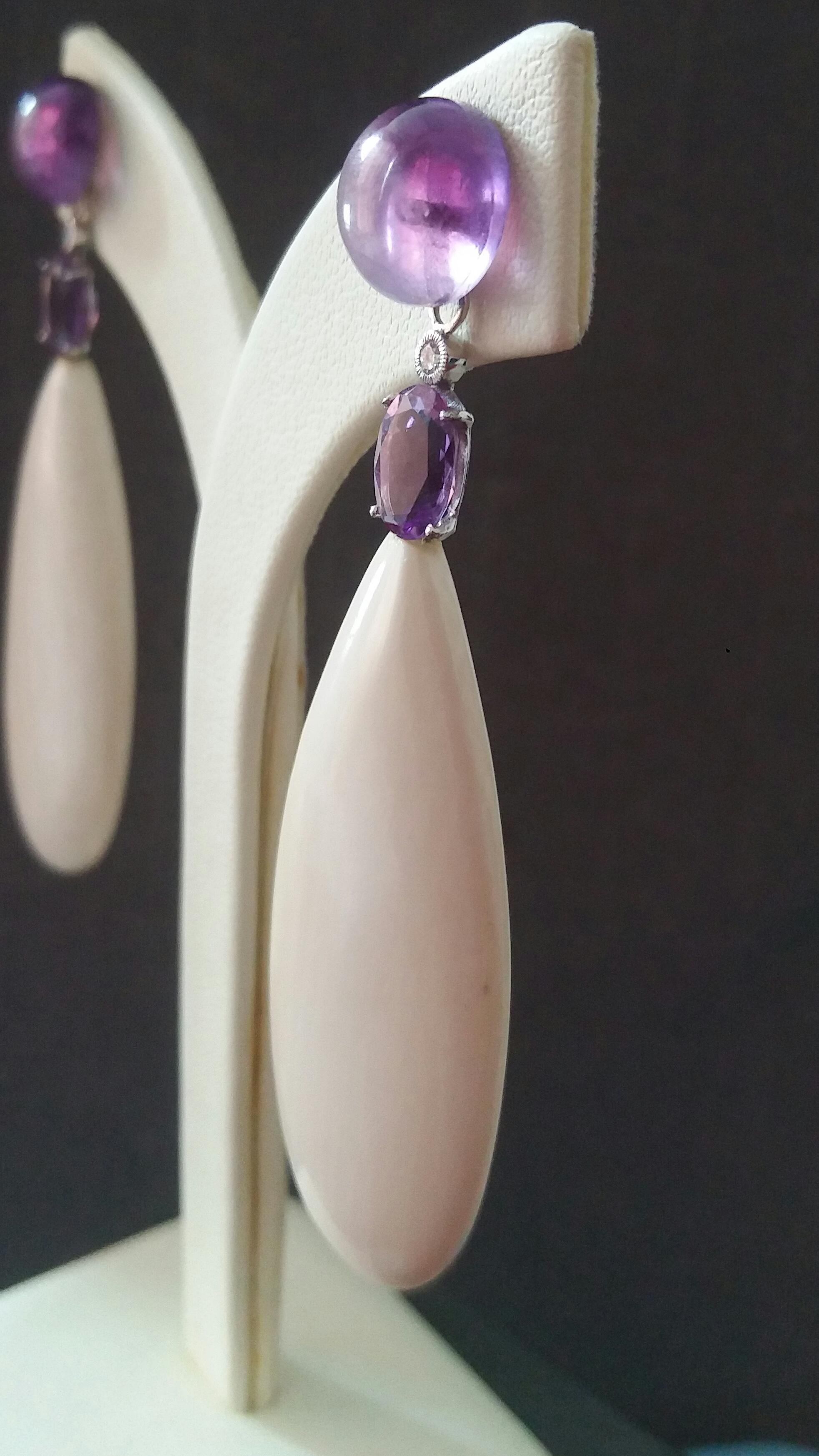 Amethyst 14K Gold Diamonds Fossil Siberian Mammouth Bone Plain Drops Earrings In Good Condition For Sale In Bangkok, TH