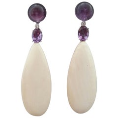 Amethyst 14K Gold Diamonds Fossil Siberian Mammouth Bone Plain Drops Earrings