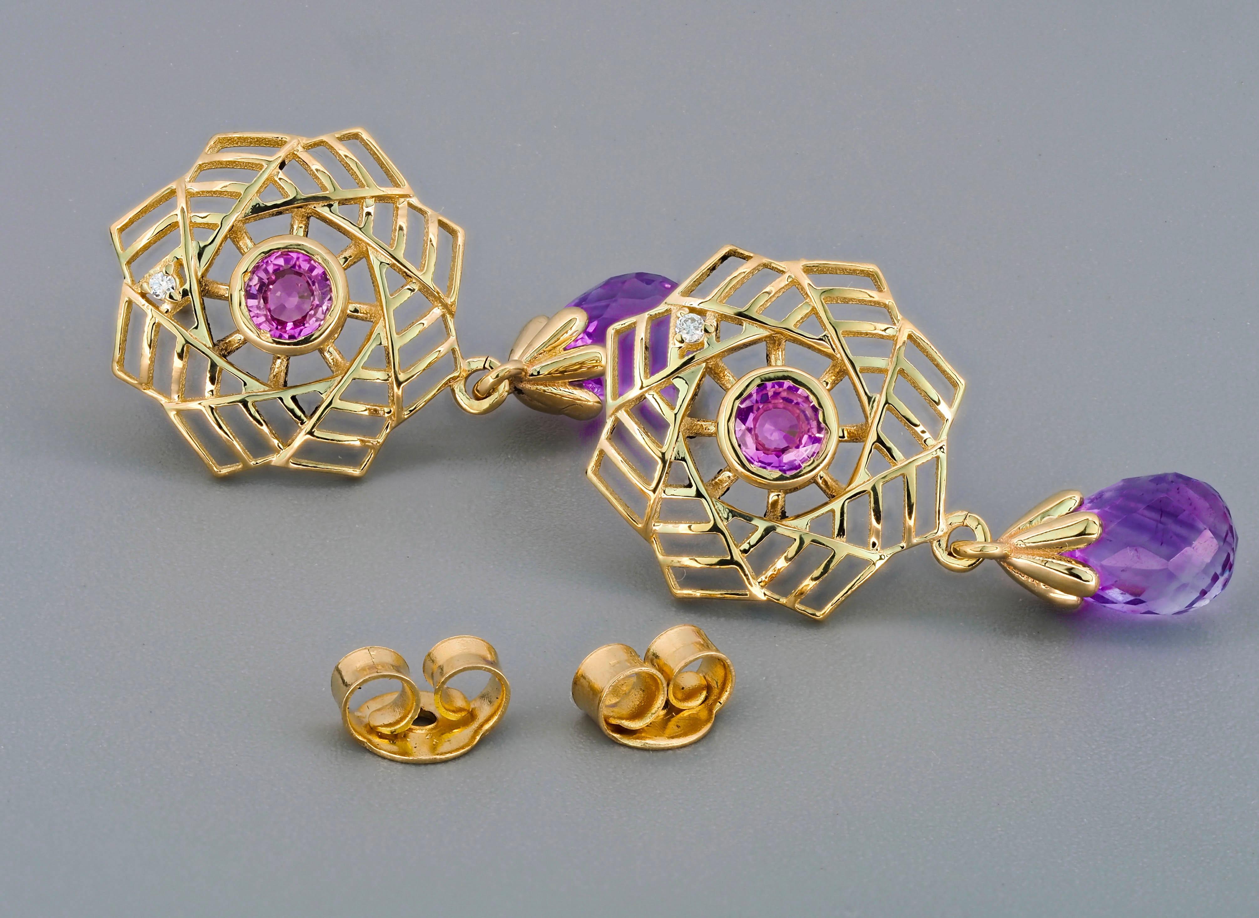 Amethyst 14k gold earrings studs. 
Pink sapphire studs. Briolette drop earrings. Natural gemstone earrings. February bithstone earrings.

Material: 14k gold
Weight: 2.80 g.
Earrings size: 25 x 14 mm.

Amethyst:
2 pieces, lavender - violet - color,
