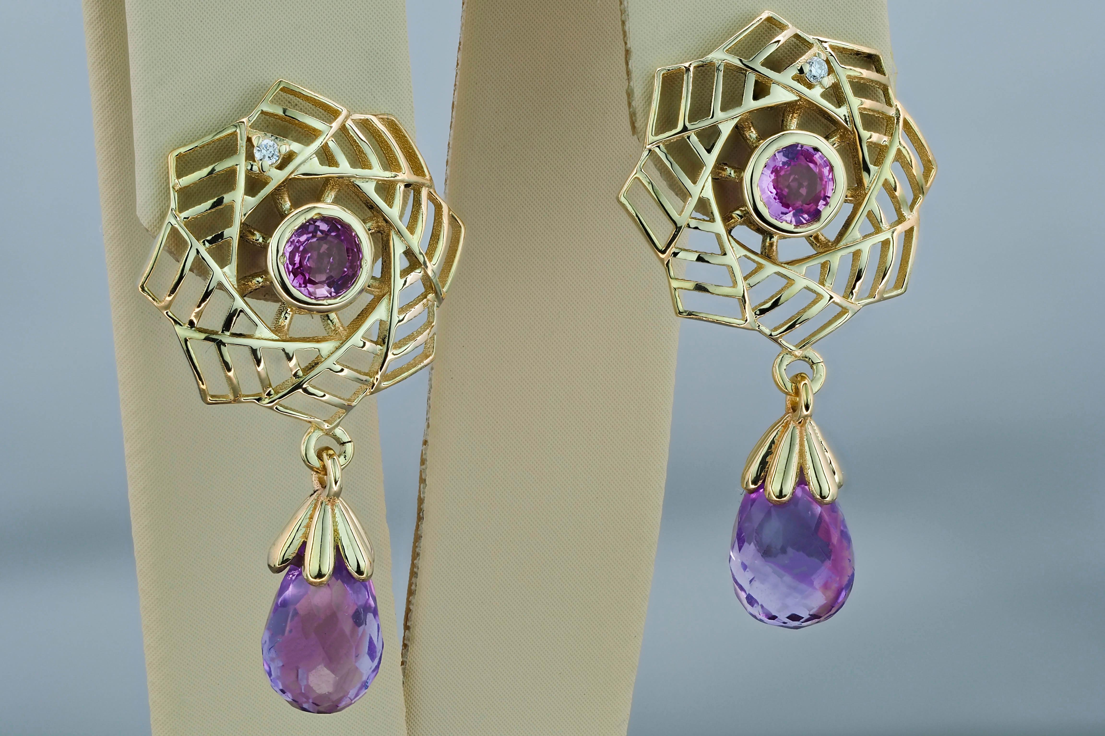 Amethyst 14k gold earrings studs.  In New Condition For Sale In Istanbul, TR