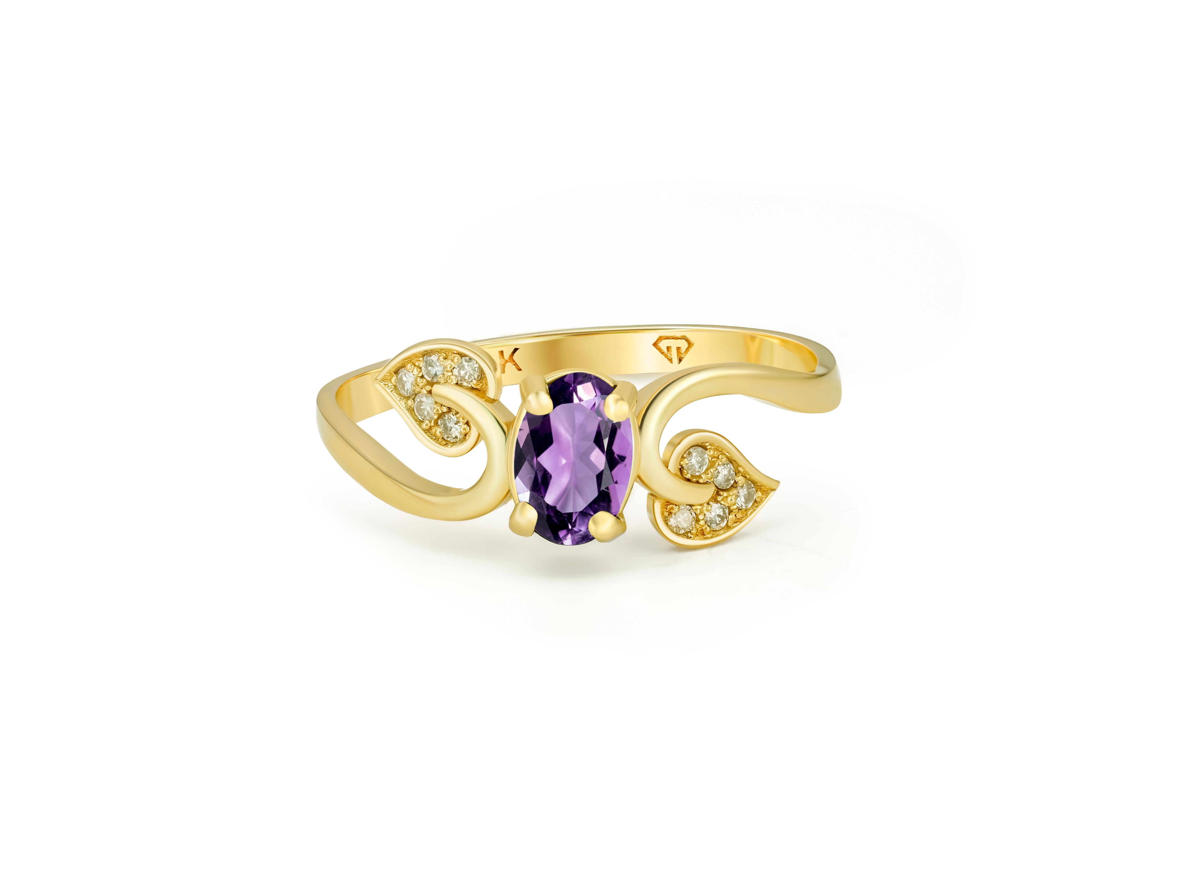Amethyst 14k gold ring. 
Oval Amethyst rin. Amethyst engagement ring. Amethyst vintage ring. February birthstone ring. Gold leaves ring.

Metal: 14kt solid gold
Total weight: 1.8 gr. (depends from size)

Central gemstone: Natural Amethyst
Color: