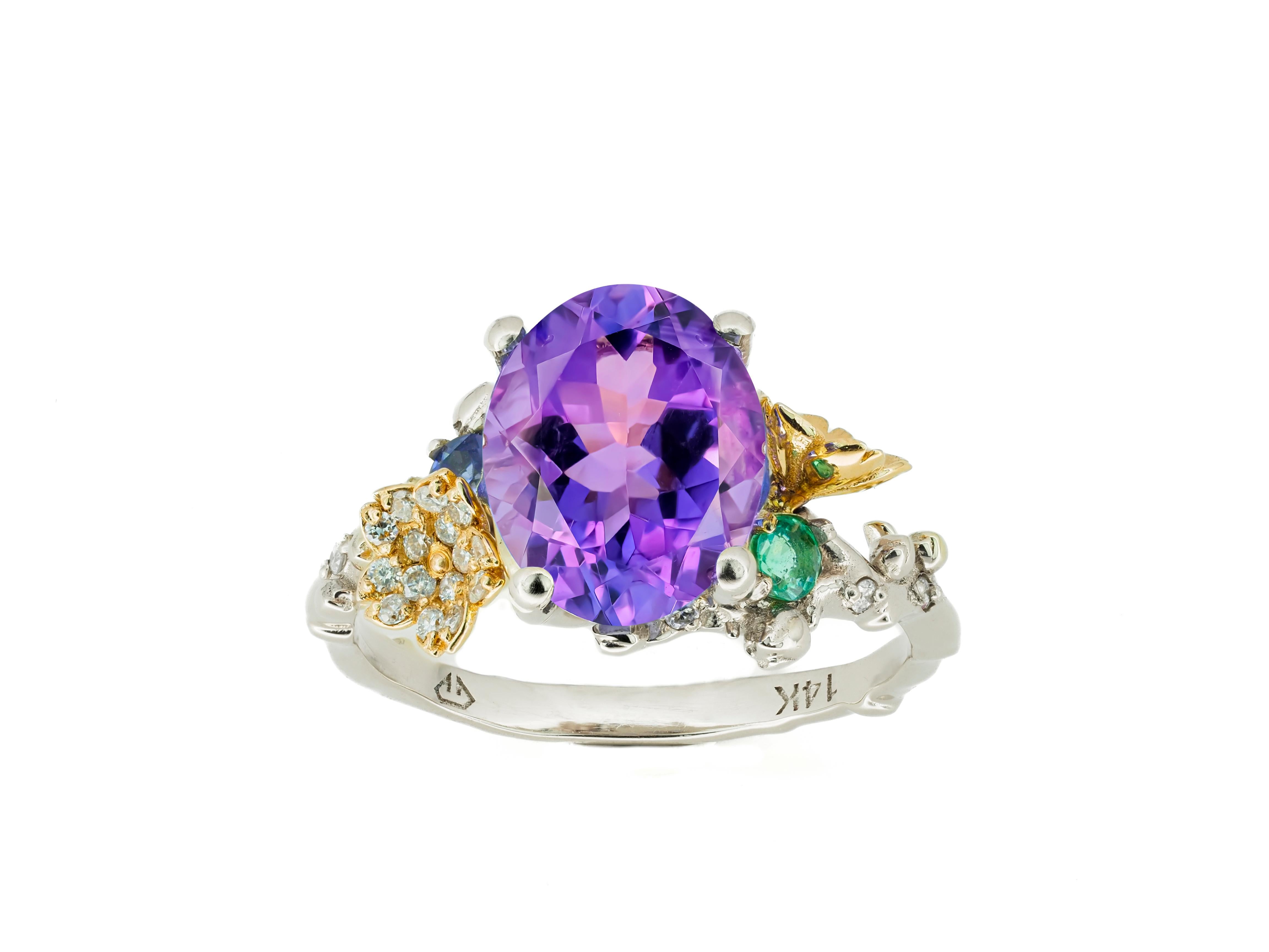 Amethyst 14k gold ring. 
Genuine Amethyst ring. Amethyst gold ring. Oval Amethyst ring. Amethyst, diamonds, emerald 14k gold ring.

Metal: 14k gold : yellow and white.
Weight: 3.85 gr depends from size

Central stone natural Amethyst
Weight: approx